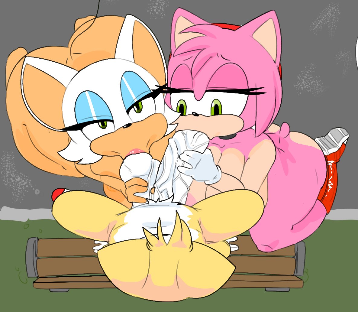 1boy, 2girls, amy rose, anthro, anthro female, anthro only, ass, balls, balls on face, ballsack, bat, bench, big dick, big penis, blowjob, curved to the right penis, fellatio, female, femsub, furry, furry female, furry only, hedgehog, long penis, looking at viewer, male, maledom, miles tails prower, mobian (species), naked, naked female, nude, nude female, penis, pleasure face, rouge the bat, savagensfw, sega, sitting, sonic (series), sonic the hedgehog (series), sucking balls, sucking penis, tagme, tails, tails the fox, threesome, veiny penis