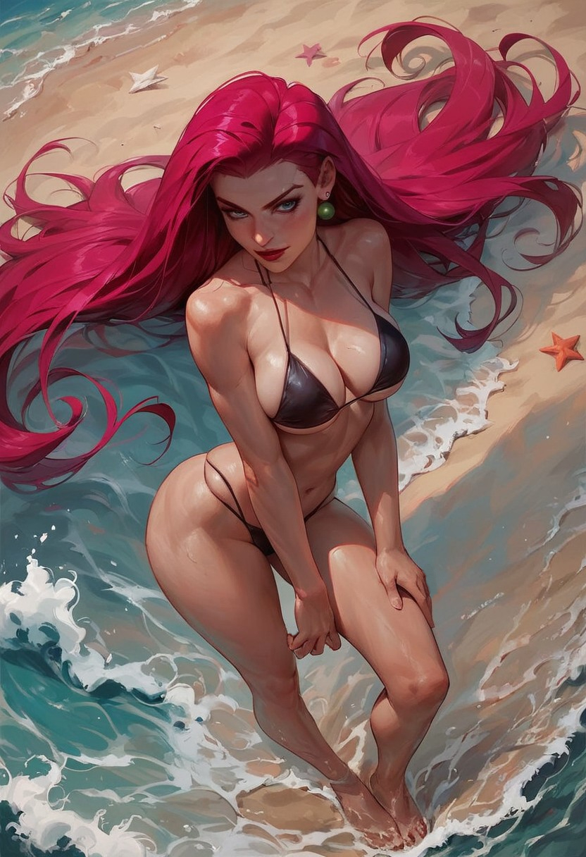 ai_generated beach bikini black_bikini fit_female jessie_(pokemon) pokemon red_hair underboob