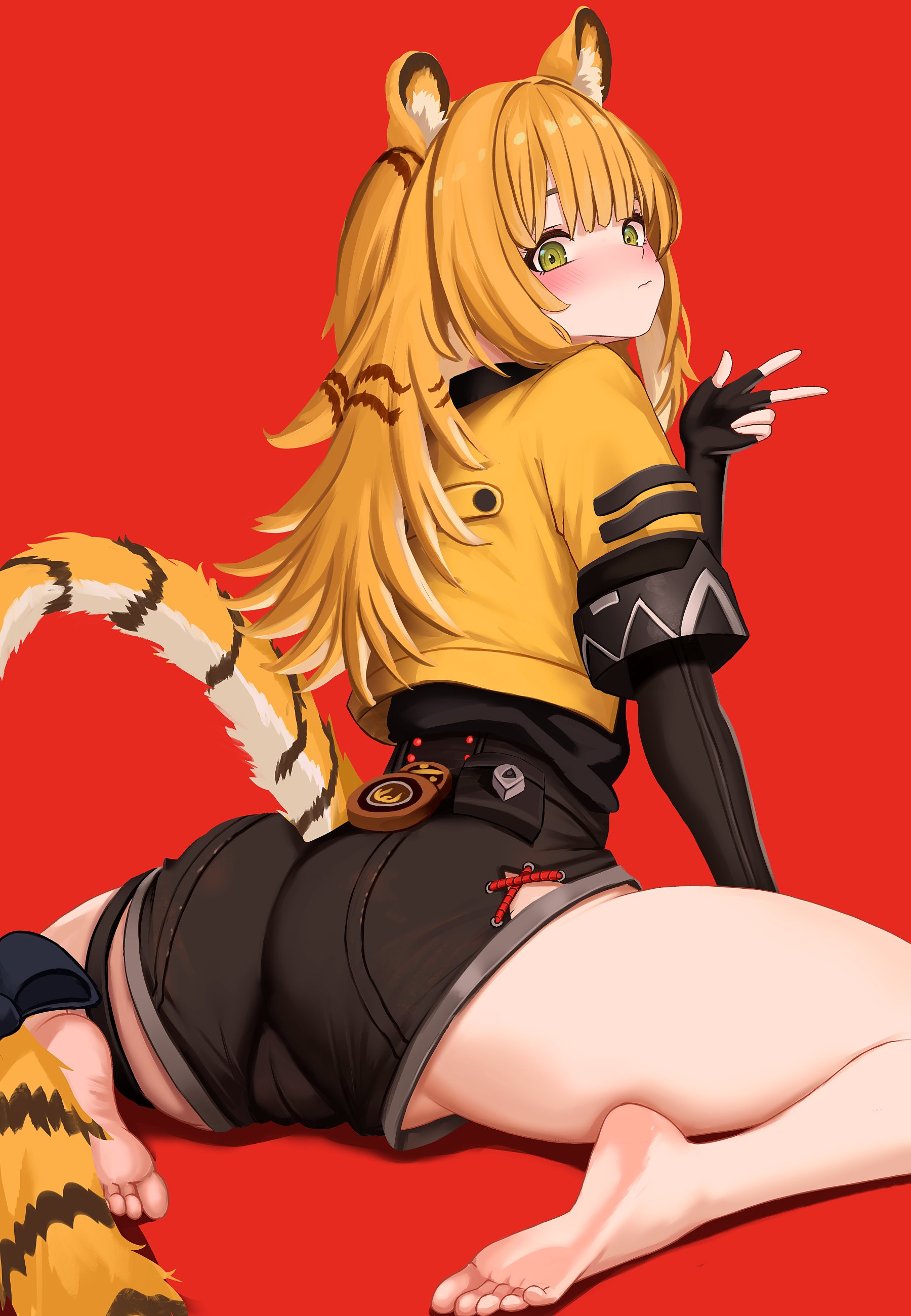 absurdres, animal ears, ass, barefoot, black gloves, blush, camisole, elbow gloves, female, fingerless gloves, from behind, gloves, green eyes, high-waist shorts, highres, jacket, ju fufu, long hair, looking at viewer, looking back, orange hair, red background, shorts, simple background, sitting, soles, solo, tail, three-finger salute, tiger ears, tiger girl, tiger tail, wariza, yan kodiac, yellow jacket, zenless zone zero