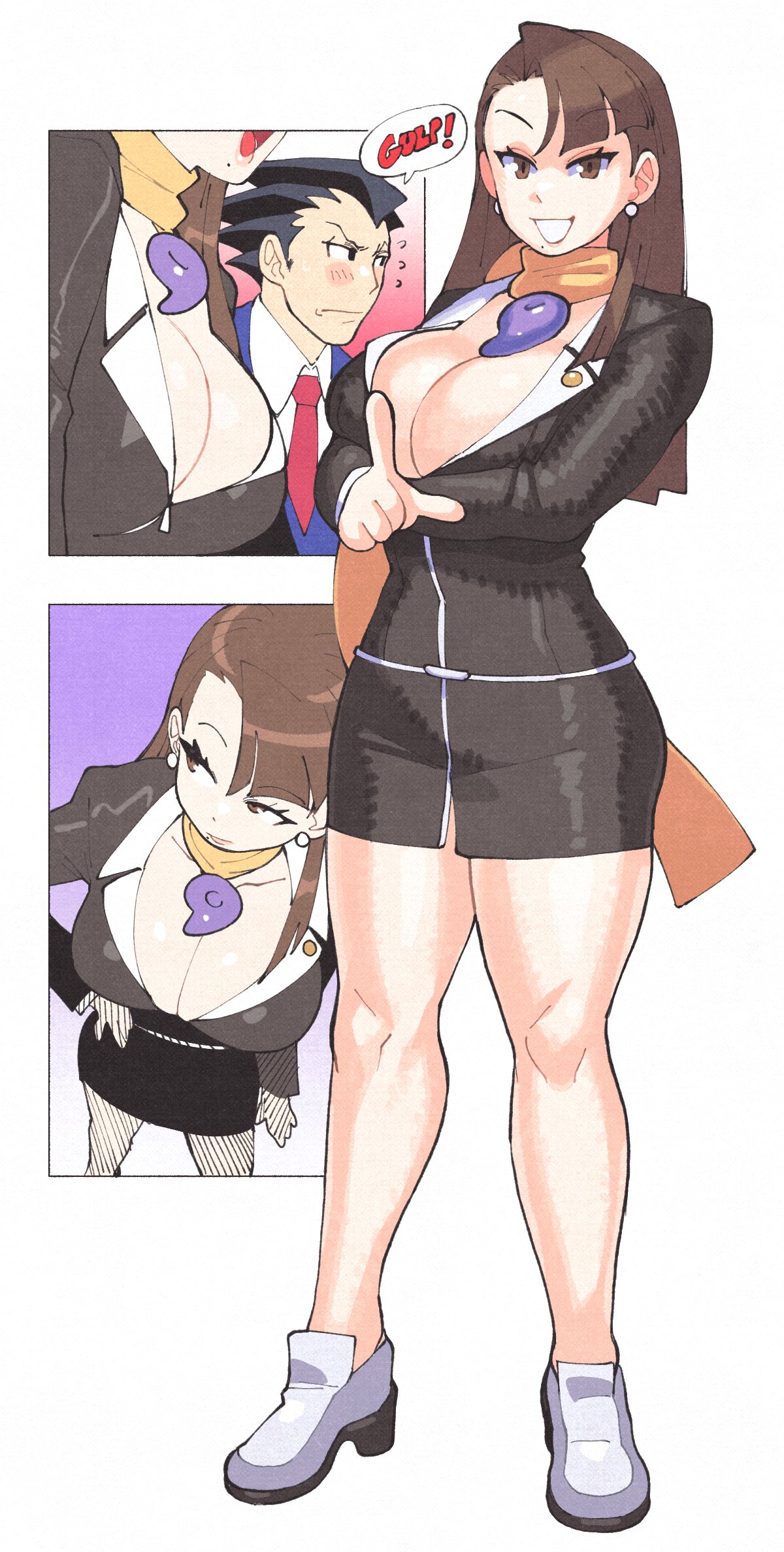 1boy, 1girls, 2d, breasts, brown eyes, brown hair, cleavage, color, earrings, female, flustered, gyakuten saiban, inkerton-kun, inkuusan, large breasts, looking at viewer, male, mature female, mia fey, mole, mole under mouth, naruhodou ryuuichi, pencil skirt, pointing, scarf, smile, suit, tagme, white background