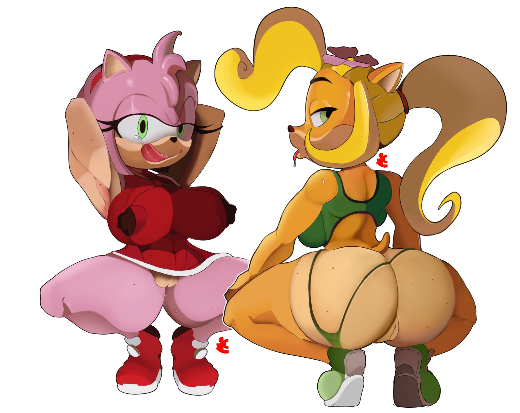 2girls, activision, amy rose, anthro, armpits, arms behind head, arms up, ass, bandicoot, behind view, big ass, big breasts, big butt, blonde hair, breasts, bubble ass, bubble butt, clothing, coco bandicoot, crabtopus, crash (series), crossover, curvaceous, curvy, curvy figure, eastern and western character, erect nipples, erect nipples under clothes, female, female only, flower, flower in hair, front view, furry, green eyes, hedgehog, huge ass, huge breasts, licking lips, looking at viewer, looking back, mostly nude, nipples, no panties, panties, panties aside, ponytail, pussy, saliva, saliva string, sega, sonic (series), sonic the hedgehog (series), sports bra, squatting, sweat, sweating, sweaty, tagme, tail, thick thighs, tongue, tongue out, voluptuous, voluptuous female, white background, wide hips