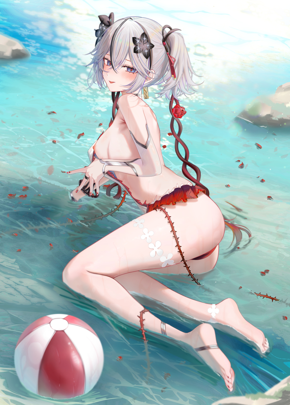1girls, ass, ball (object), barefoot, beach, beach ball, black flower, blush, blush lines, blushing at viewer, breasts, camellya (wuthering waves), color, colored, feet, female, female focus, female only, fingernail polish, fingernails, flower in hair, grey eyes, grey hair, in water, kuro games, light skin, light-skinned female, looking at viewer, looking back, nipple, one-piece swimsuit, painted nails, painted toenails, red fingernails, red nails, red pupils, ru zhai, sideboob, small breasts, smile, smiling, solo, suggestive, swimsuit, toes, twintails, water, wuthering waves