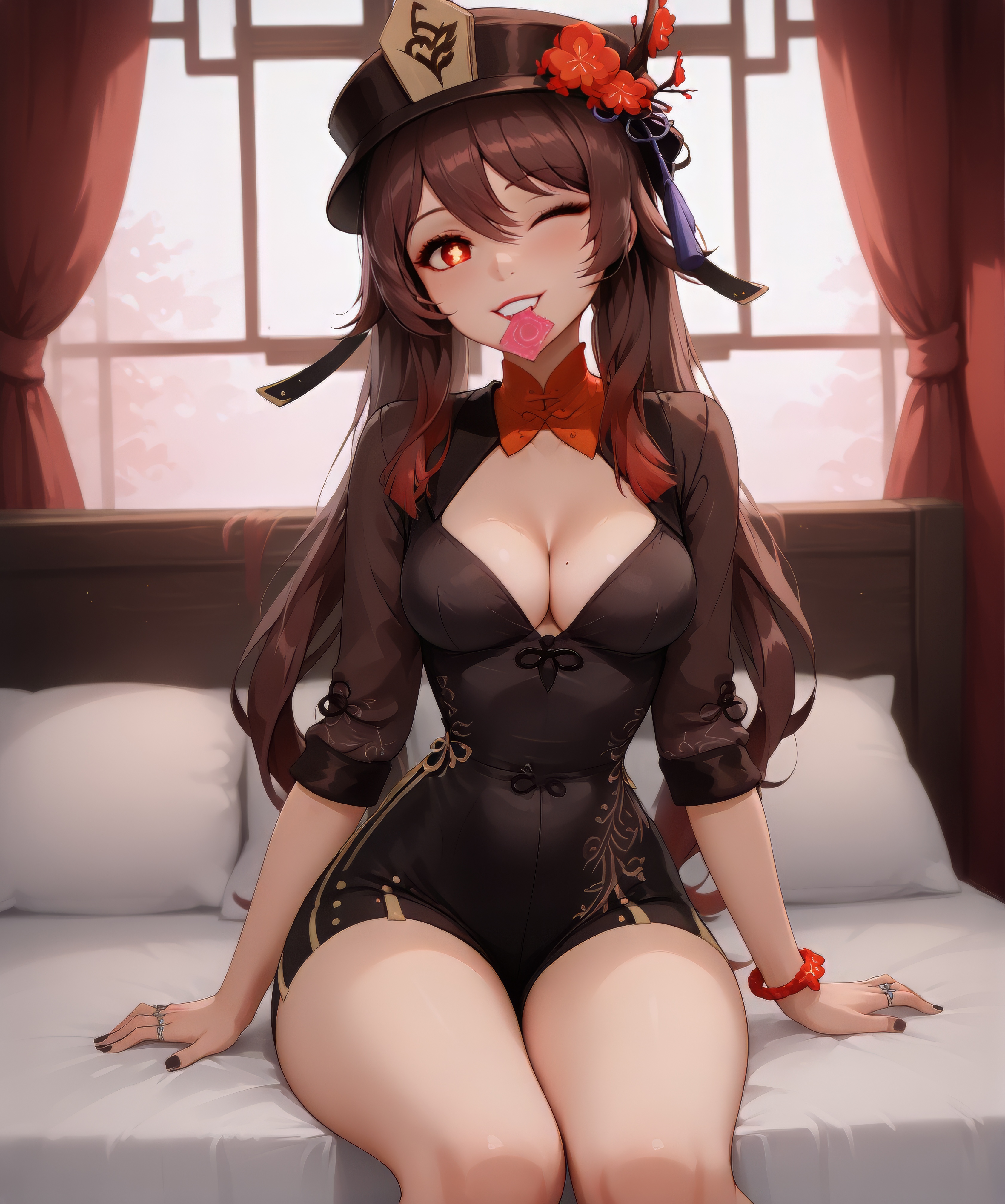 ai generated, bdmaestro, cleavage, condom in mouth, condom wrapper, female, genshin impact, hu tao (genshin impact), inviting, sitting, thighs, wink