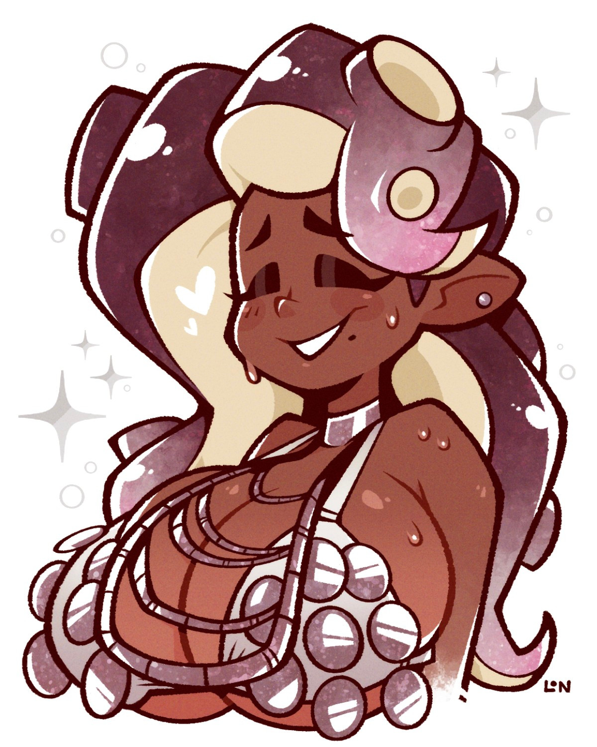 1girls, big breasts, bikini, breasts, closed eyes, dark skin, dark-skinned female, earrings, female, grand festival (splatfest), heart symbol, huge breasts, large breasts, legendofnerd, long hair, marina (grand festival), marina (splatoon), nintendo, now or never earrings, octoling, solo, solo female, solo focus, splatfest, splatoon, splatoon (series), splatoon 2, splatoon 3, team present (splatfest)