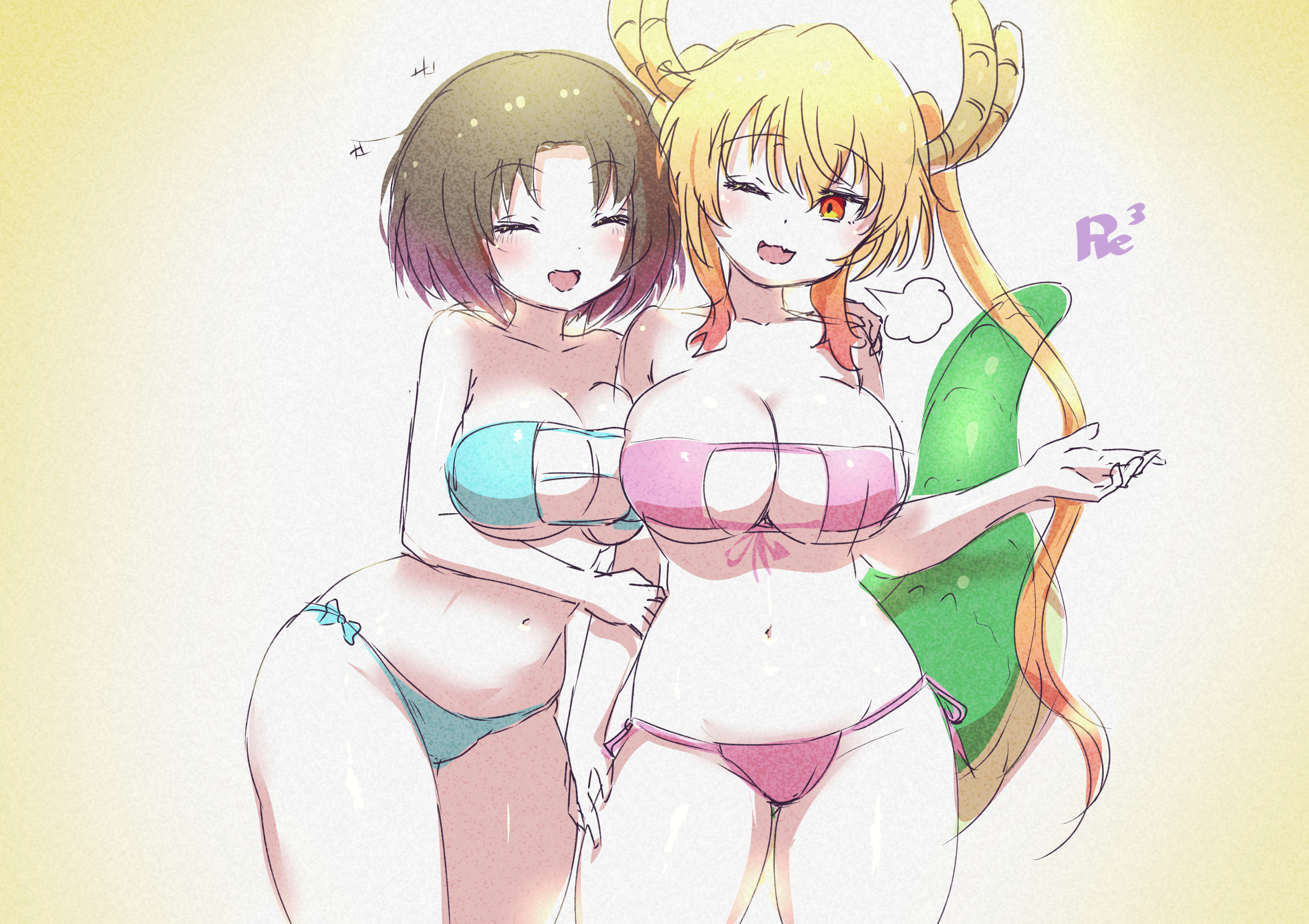 2girls, big breasts, bikini, breasts, elma (dragon maid), female, kobayashi-san chi no maidragon, miss kobayashi's dragon maid, ozrereresan, swimsuit, tagme, tohru (dragon maid)
