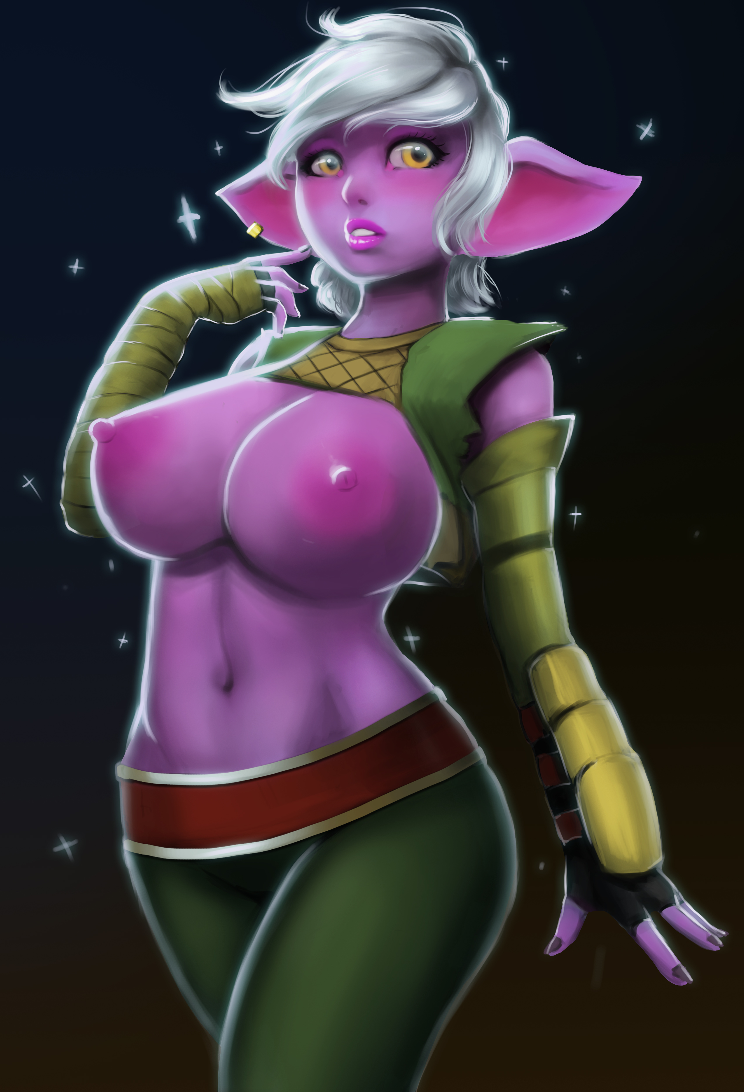 absurdres, areolae, big breasts, breasts, female, female only, highres, large breasts, league of legends, nipples, solo, thoumeco, tristana, yordle