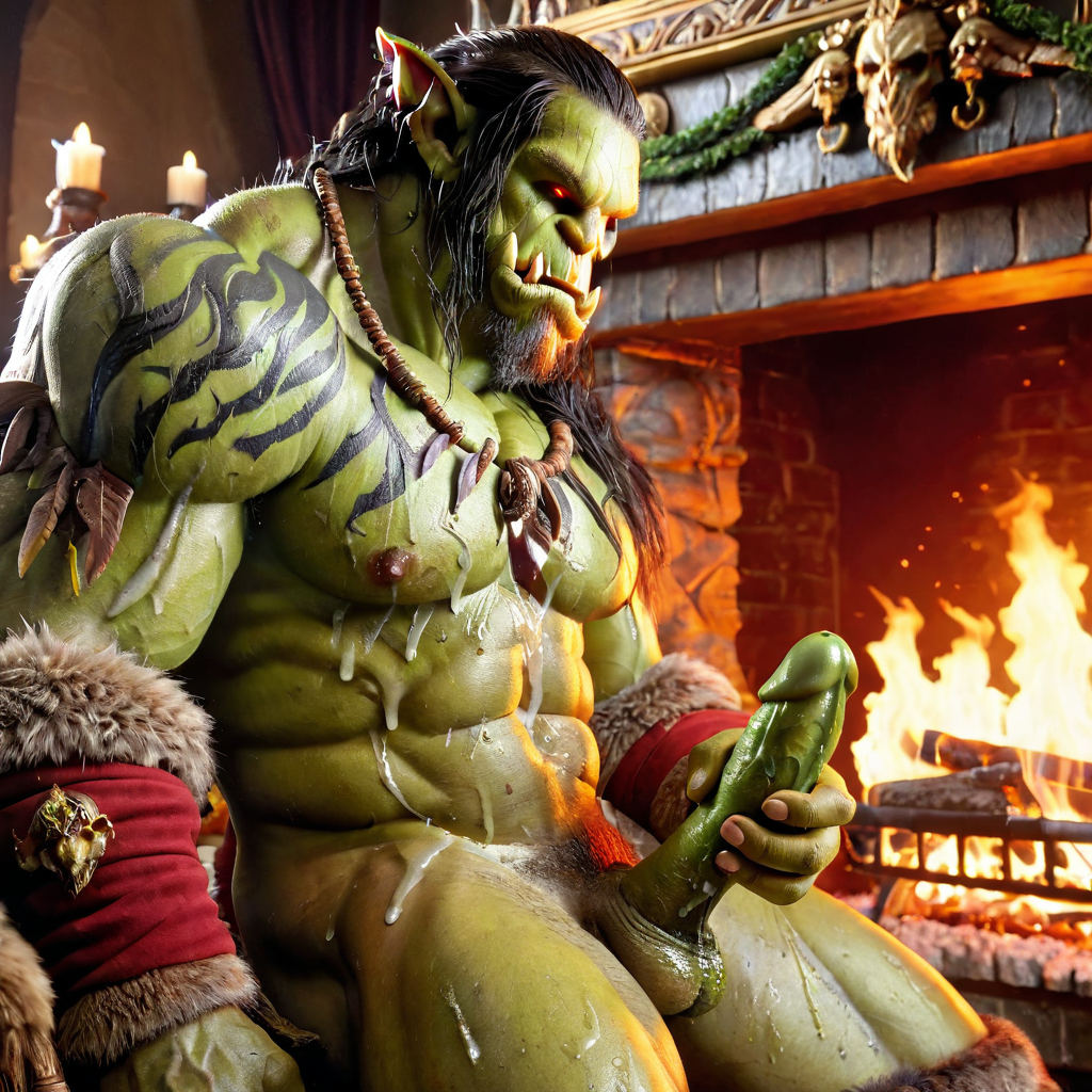3d ai_generated bara big_muscle big_penis erection green_skin huge_cock male muscular muscular_male orc orc_male orced penis