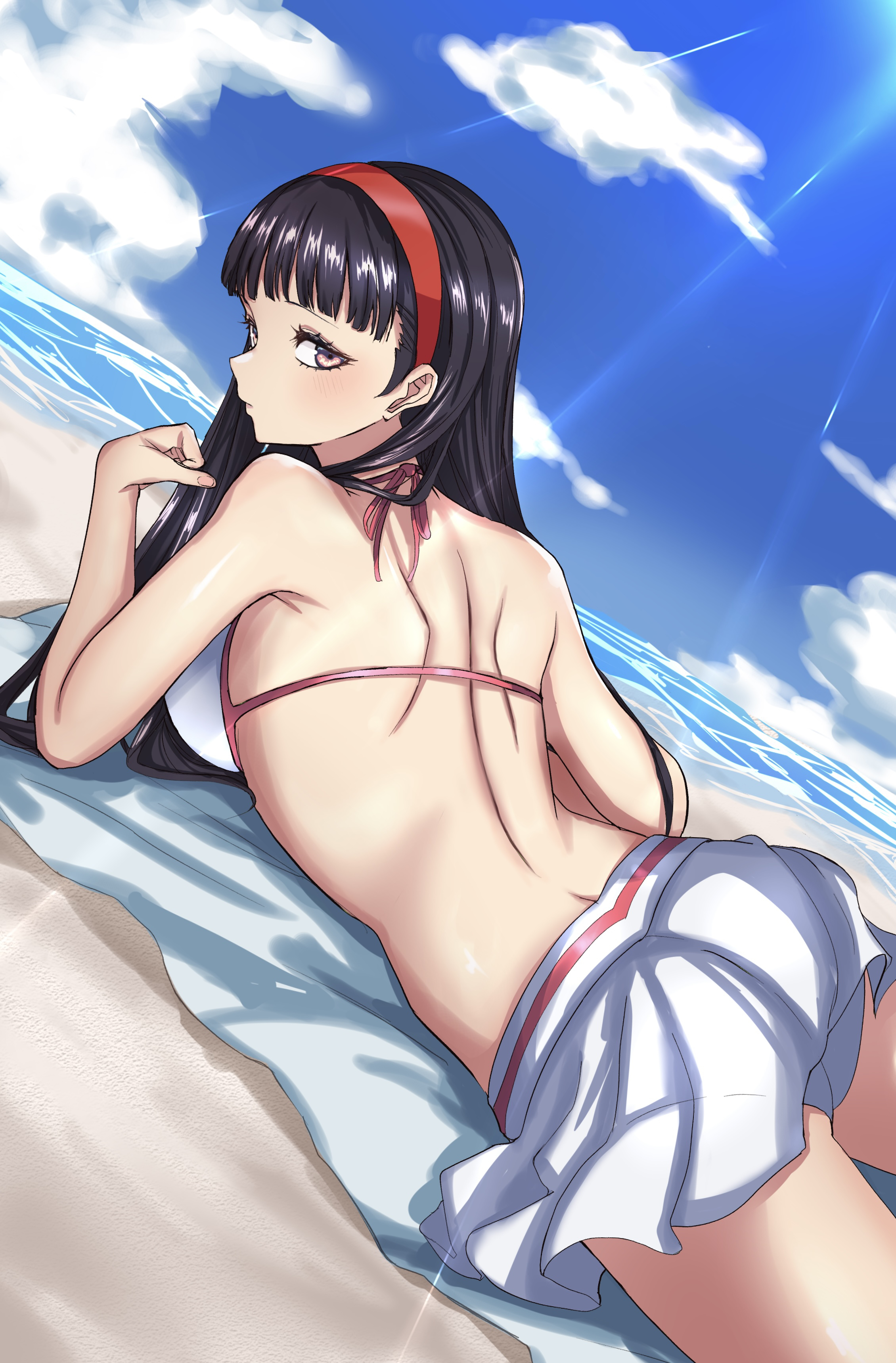 1girls, amagi yukiko, ass, ass focus, beach, bikini, black hair, brown eyes, female, female only, long hair, lying, lying on stomach, persona, persona 4, swimsuit, swimsuit skirt, white bikini, white swimsuit, yukiko amagi