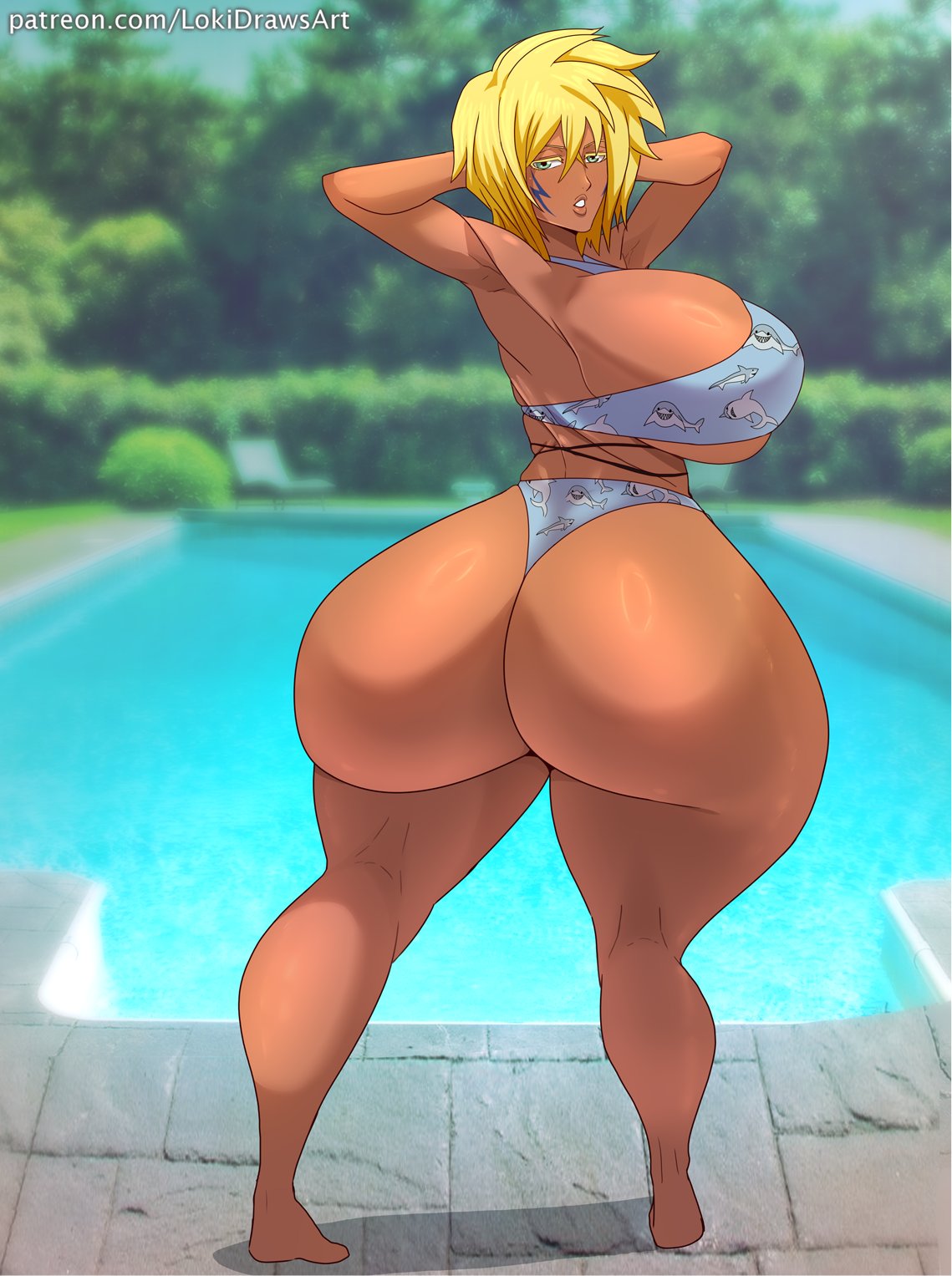 1girls anime ass ass_bigger_than_head big_ass big_breasts big_butt bikini bleach blonde_female blonde_hair blonde_hair_female breasts breasts_bigger_than_head commission dark-skinned_female dark_skin female female_focus female_only from_behind from_behind_position green_eyes hourglass_figure huge_ass huge_breasts large_ass large_boobs large_breasts large_butt lokidrawsart looking_at_viewer looking_back looking_back_at_viewer manga pool shark_print short_hair solo solo_female solo_focus standing swimsuit swimwear tia_harribel tier_harribel