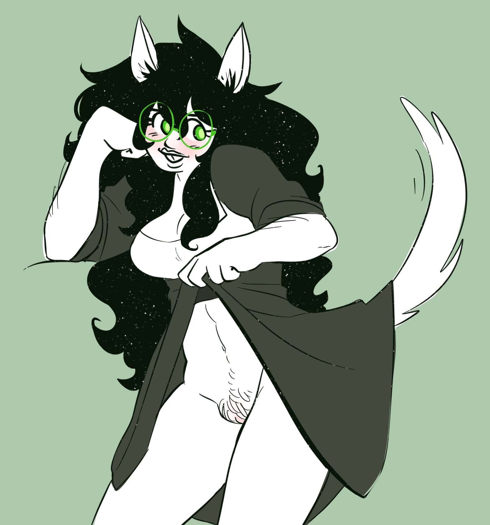 alternate version available, bottomless, dress, dress lift, female, homestuck, jade harley, lifting dress, no panties, pussy, shushsiggy, tagme