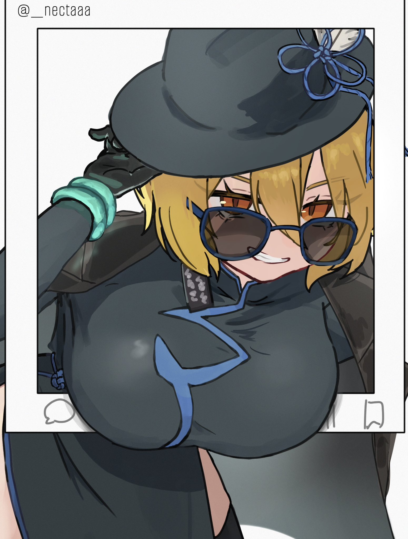  nectaaa, 1girls, blonde female, blonde hair, bracelet, breasts, breasts out, chinese clothes, cinq association (identity) (project moon), don quixote (limbus company), female, female focus, female only, gloves, hat, large breasts, limbus company, looking over eyewear, looking over sunglasses, orange eyes, project moon, smug, smug grin, sunglasses, thighhighs, thighs, tight clothing, tinted eyewear, watermark