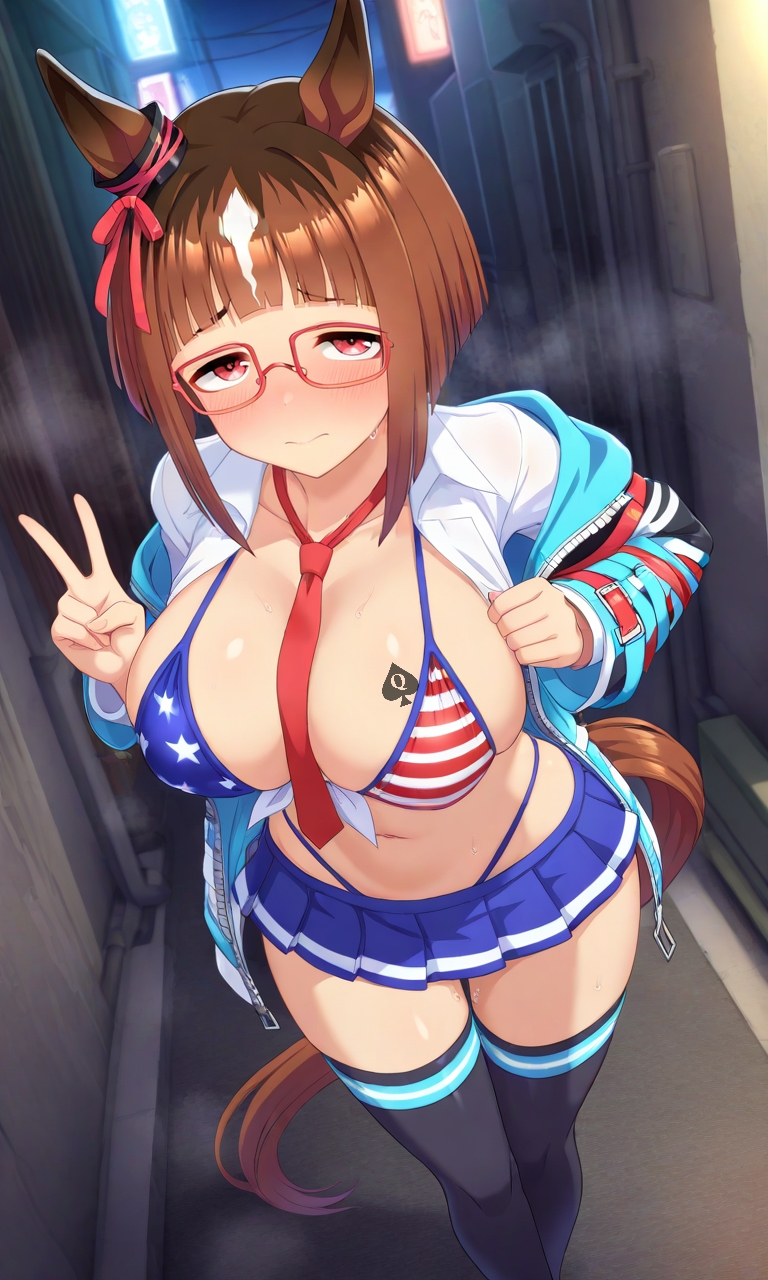 1girls ai_generated alley american_flag_bikini bikini brown_hair cheating cheating_girlfriend cuckold embarrassed glasses horse_ears horse_girl horse_tail jacket large_breasts miniskirt open_shirt qos qos_tattoo queen_of_spades red_eyes skirt solo spade_tattoo thick_thighs thighhighs thong transcend_(umamusume) umamusume umamusume_pretty_derby v_sign