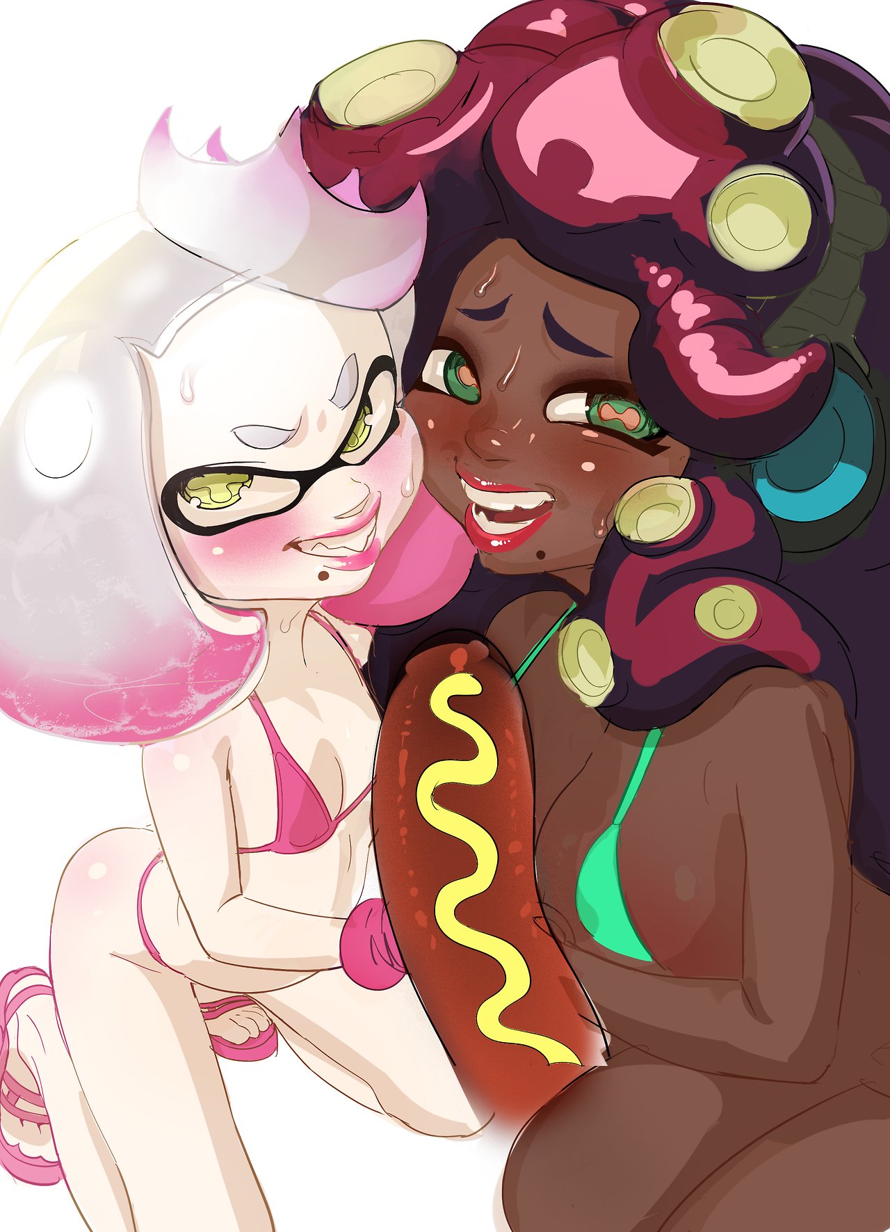 bikini, blush, breasts, dark skin, female, green eyes, hot dog, idlecil, lipstick, marina (splatoon), multicolored hair, naughty face, nintendo, off the hook, pearl (splatoon), pov, splatoon, splatoon 2, yellow eyes