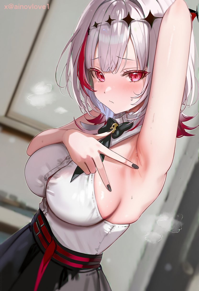 armpit armpit_crease armpits big_breasts black_skirt breasts dtto. multicolored_hair nervous red_eyes red_hair reject_(esports) ribbon short_hair showing_armpits sideboob skirt steaming_body streaked_hair sweat sweating virtual_youtuber vtuber white_hair white_shirt