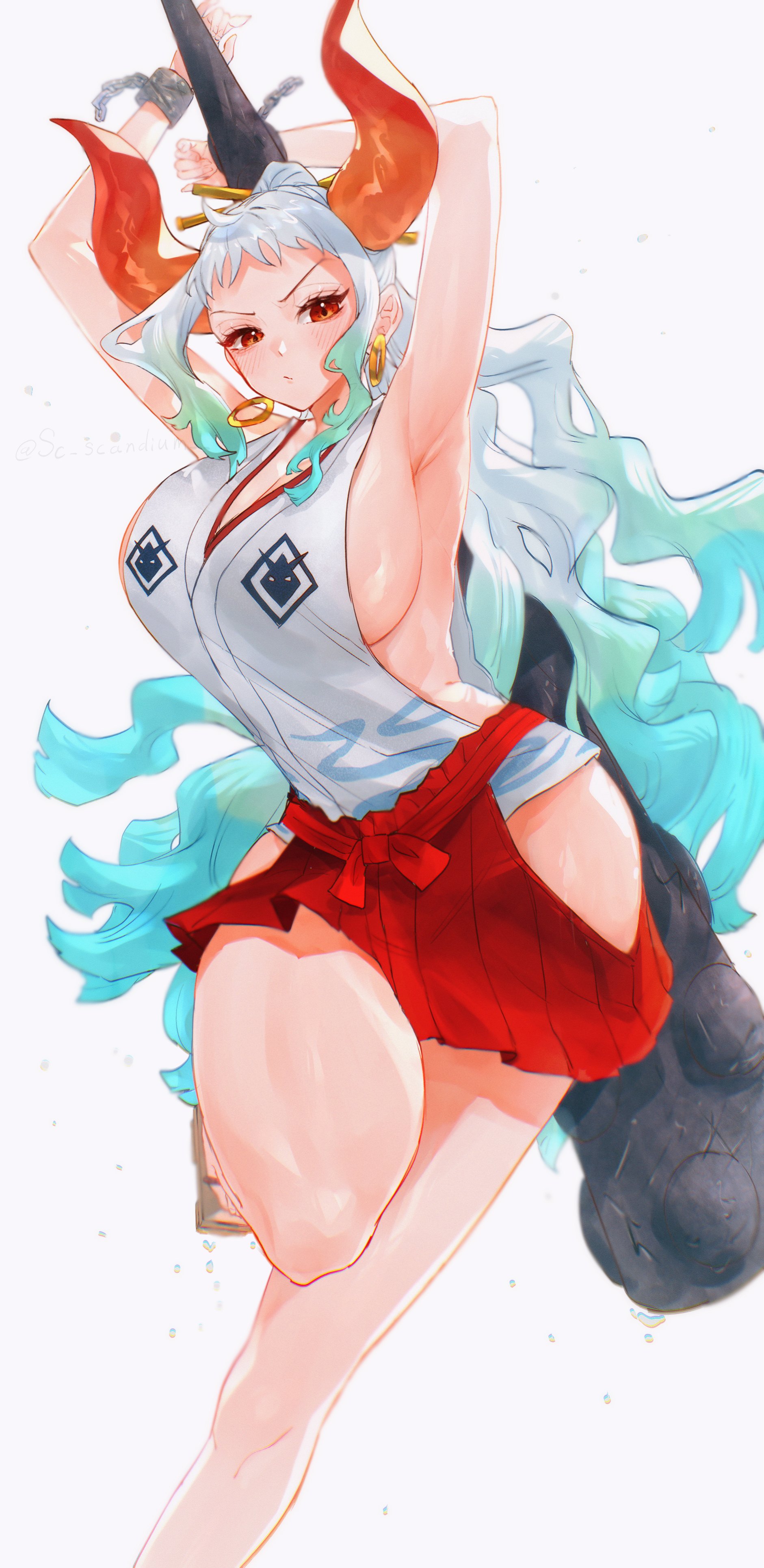 1girls, alternate version available, armpits, arms up, artist name, big breasts, blush, breasts, clothed, clothing, cuffs, curvaceous, curvy, curvy female, curvy figure, earrings, female, female focus, female only, fit, fit female, horns, hourglass figure, huge breasts, kanabou, large breasts, light skin, light-skinned female, long hair, one leg up, one piece, red eyes, sc scandium, sideboob, slim waist, solo, standing, standing on one leg, thick thighs, thighs, thin waist, two-tone hair, white hair, white-haired female, wide hips, yamato (one piece)