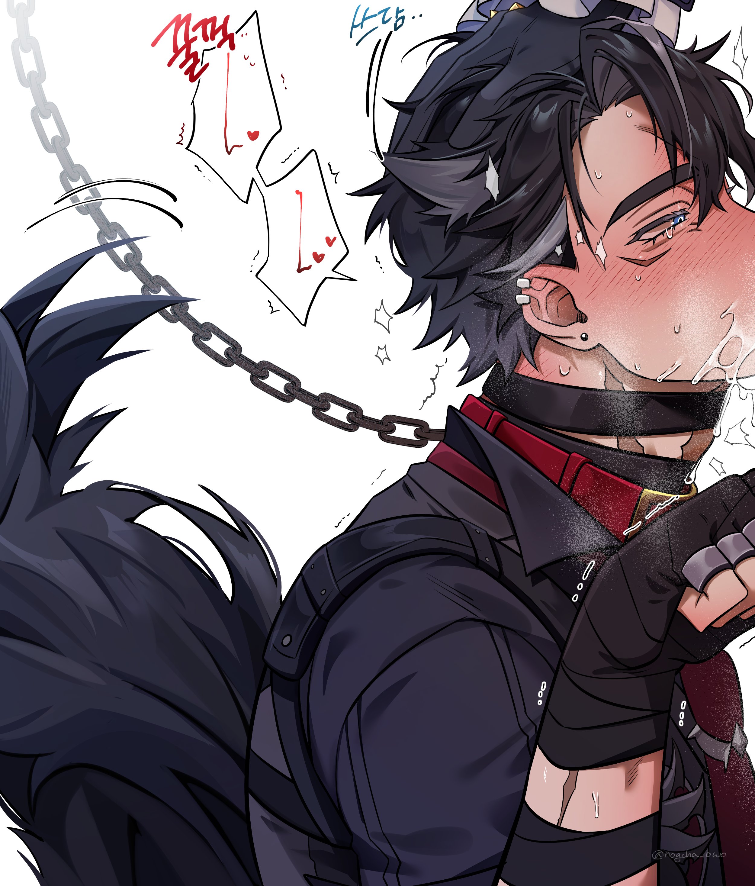 2boys, blowjob, blush, chain, chain leash, chained, collar, duo, fellatio, gay, gay blowjob, gay sex, genshin impact, hoyoverse, implied oral, implied sex, leash, male, male focus, male only, mihoyo, neuvillette (genshin impact), nogcha owo, oral, oral sex, out of frame, saliva, sloppy, sloppy blowjob, wriothesley (genshin impact), yaoi