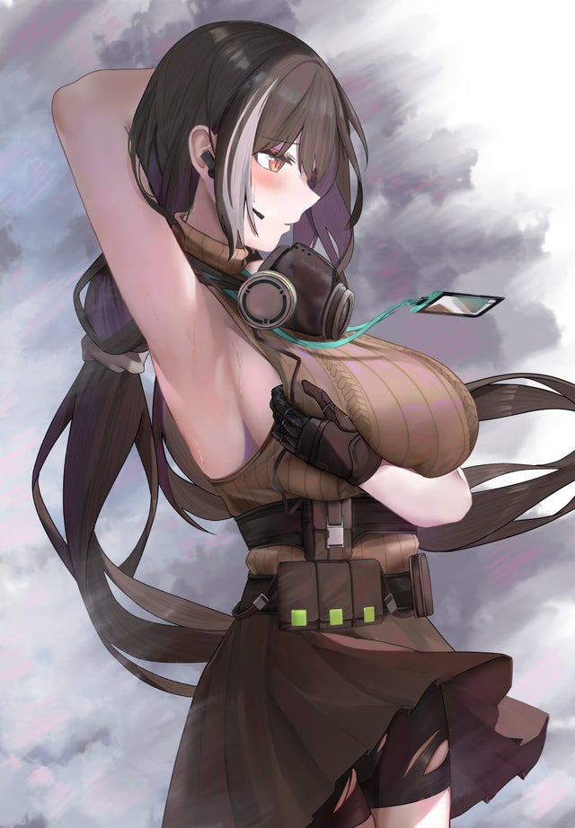 1girls, armpits, breasts, embarrassed, female, girls' frontline, heterochromia, large breasts, mask, multicolored hair, no bra, ro635 (girls' frontline), ru zhai, showing armpits, sideboob, skirt, skirt lift, sweat, tagme, twintails