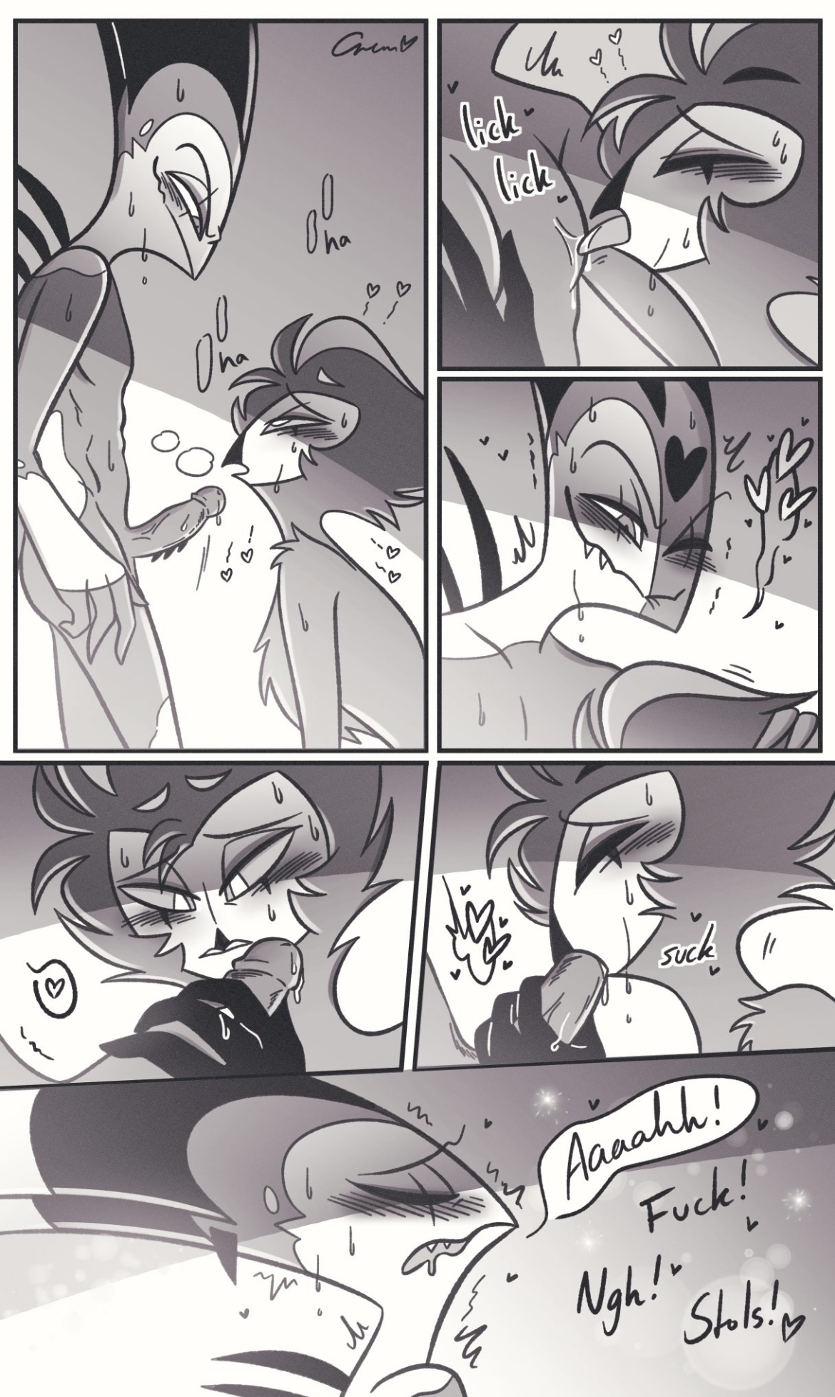 blitzo (helluva boss), blowjob, comic, gay, helluva boss, male, nipple licking, oral, oral sex, stolas (helluva boss)