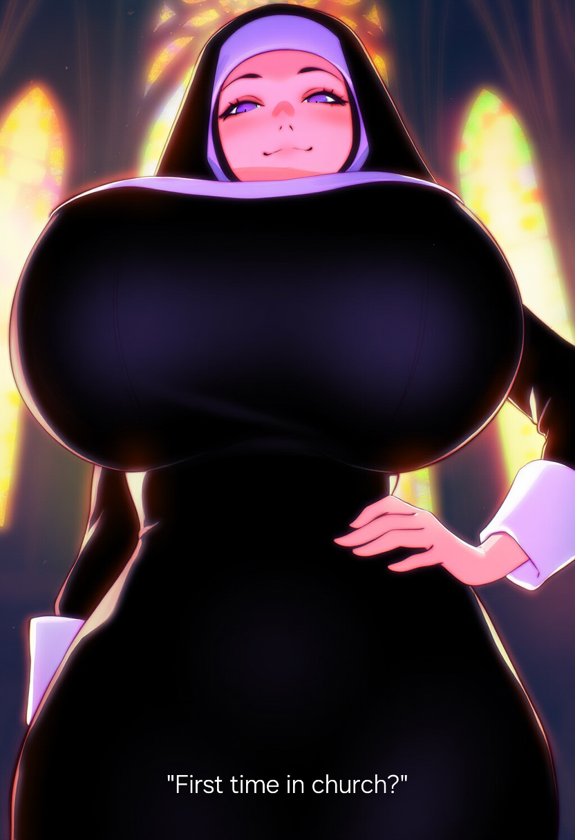 ai_generated big_breasts black_dress blush breast_focus breasts_bigger_than_head busty caption cathedral curvaceous curvaceous_female english_text hand_on_hip hourglass_figure huge_breasts imminent_paizuri imminent_rape imminent_sex looking_at_viewer looking_down massive_breasts novelai nun nun's_habit nun_outfit pov purple_eyes round_breasts smile smirk taller_female taller_girl text thin_waist tight_clothes tight_clothing wide_hips