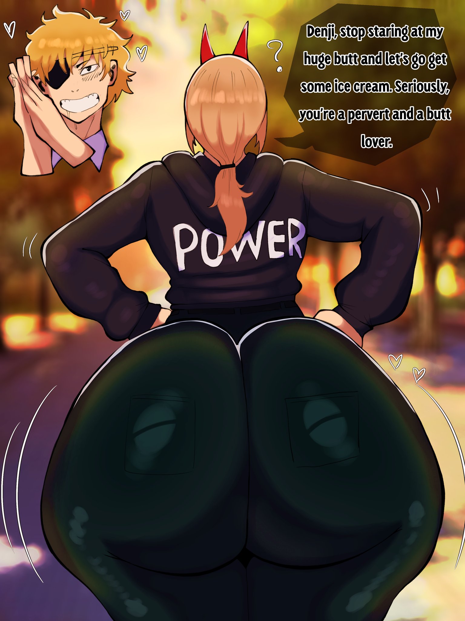 ?, 1boy, 1girls, ass, ass focus, ass size talk, big ass, blonde hair, caught staring, chainsaw man, demon girl, denji (chainsaw man), english text, from behind, heart, hood, hoodie, huge ass, luizinbk, pants, pervert, pervert (phrase), ponytail, power (chainsaw man), size talk, staring at ass, tagme, text, thick thighs, thighs