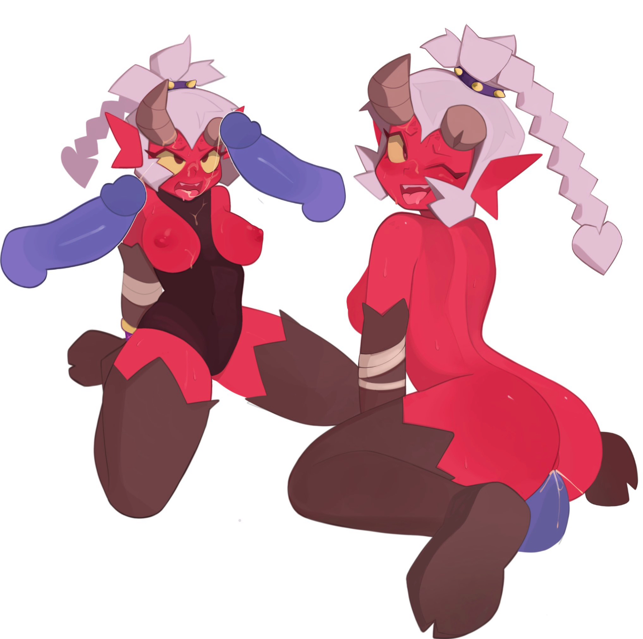 brawl stars, breasts, clothed, clothed female, cum, cum in mouth, cum in pussy, cum on tongue, cumshot, demon, demon girl, demon willow (brawl stars), female, horns, leggings, male, multiple penises, penis, pussy, red skin, saliva on penis, sitting, supercell, tagme, threesome, white hair, willow (brawl stars), wink, winking, xyraabs