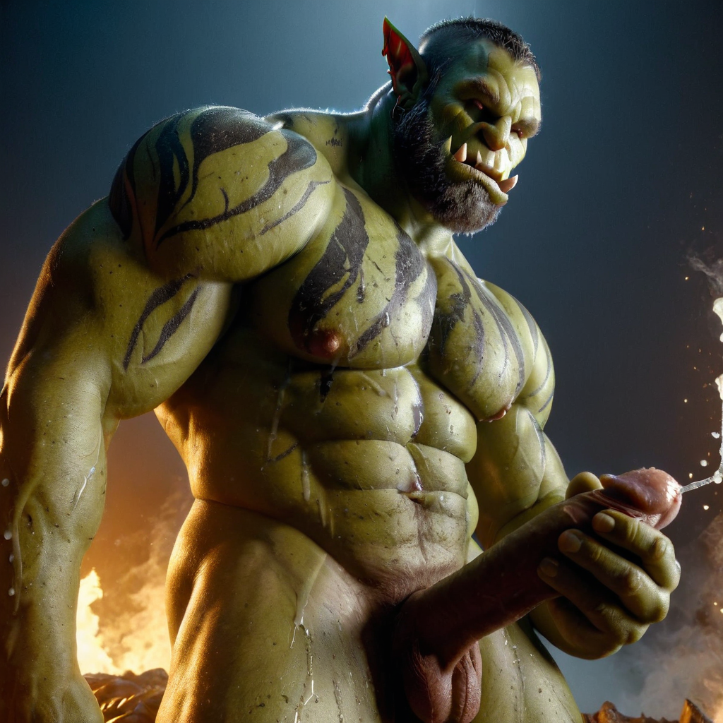 3d ai_generated bara big_muscle big_penis erection green_skin huge_cock male muscular muscular_male orc orc_male orced penis yaoi