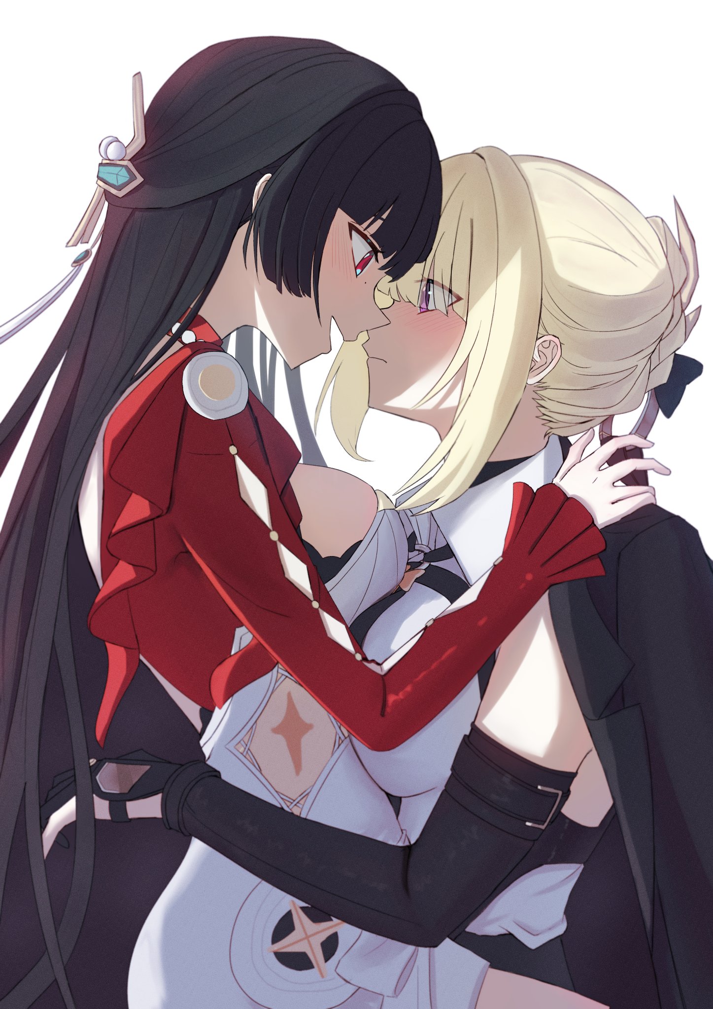 2girls, astra yao, black hair, blonde hair, blush, breasts, dress, evelyn chevalier, female, female only, jacket, purple eyes, red eyes, sitting on lap, sitting on person, yuri, zenless zone zero
