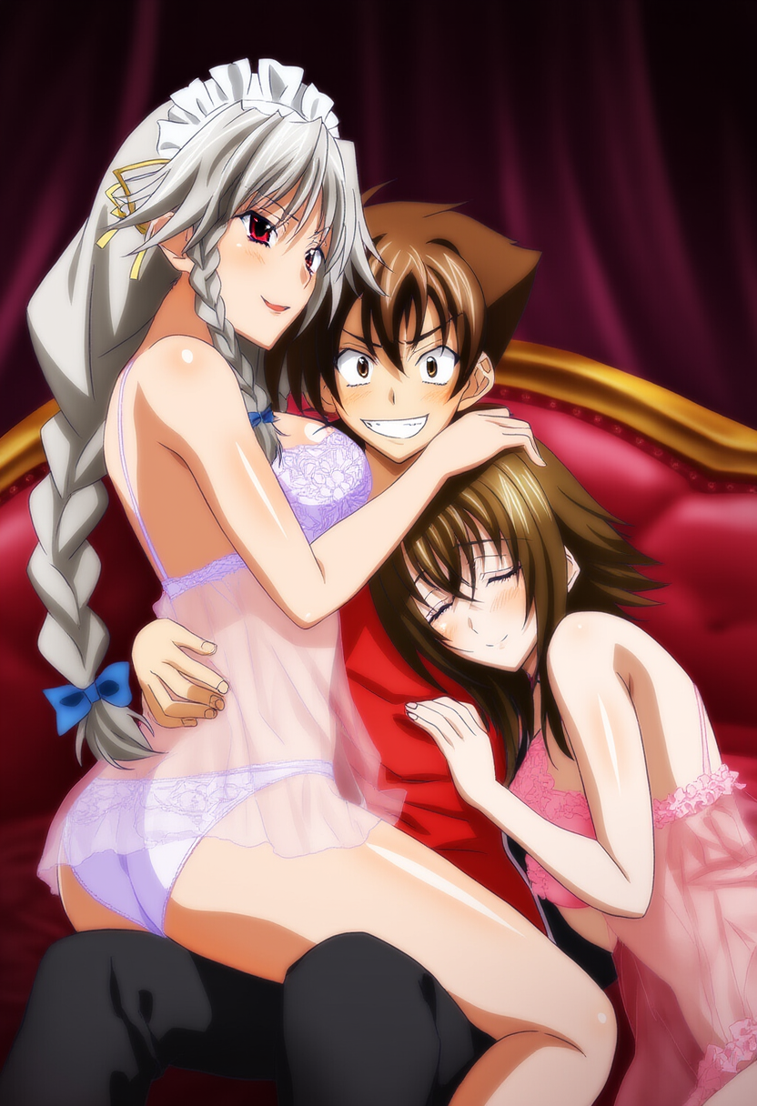 1boy 2girls ai_generated blue_ribbon blush blushing brown_hair couch couch_sitting eye_closed grayfia_lucifuge hand_on_head headdress high_school_dxd hyoudou_issei laying_on_person lingerie pink_underwear purple_underwear red_eyes red_shirt silver_hair sitting_on_lap smile tagme venelana_gremory