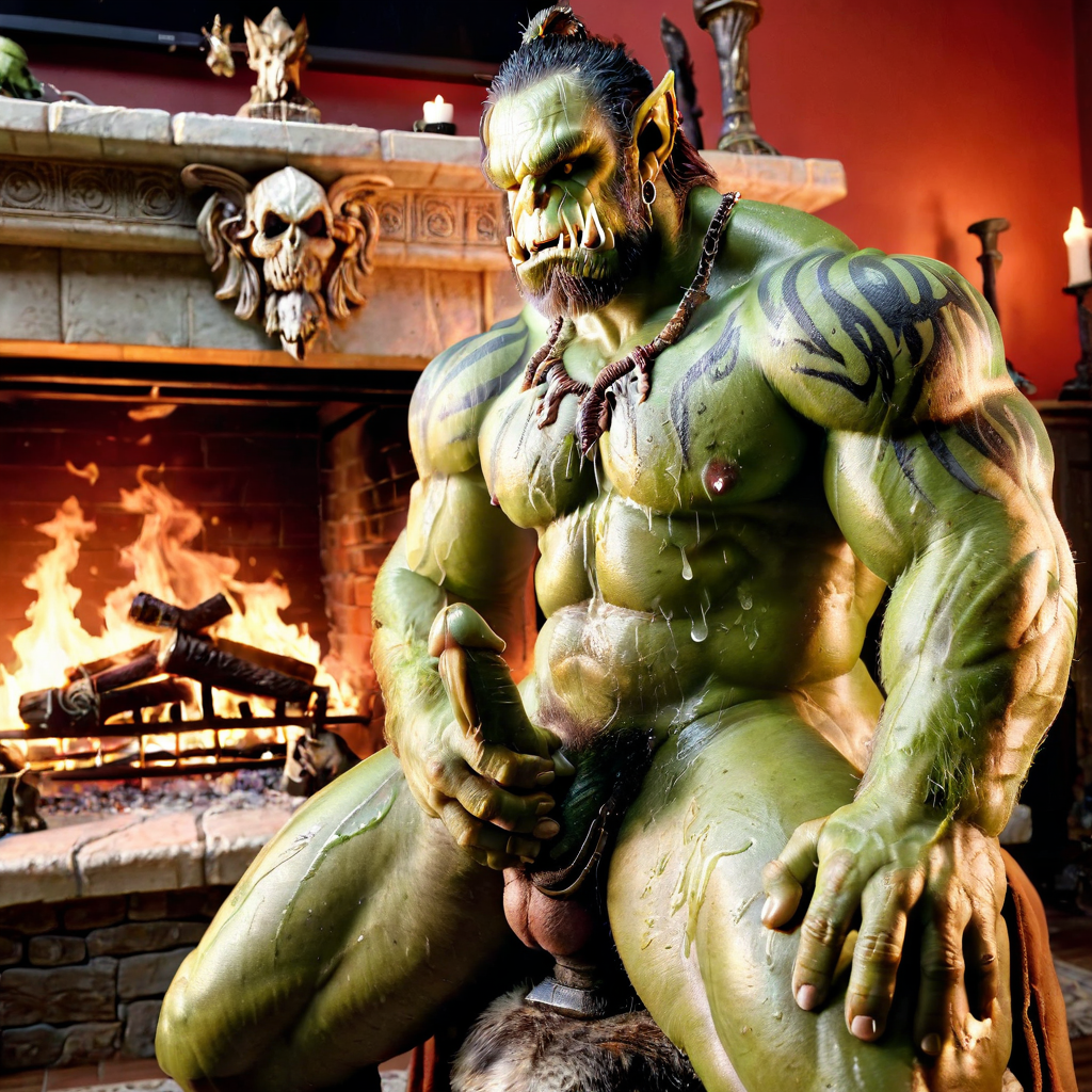 3d ai_generated bara big_muscle big_penis erection green_skin huge_cock male muscular muscular_male orc orc_male orced penis