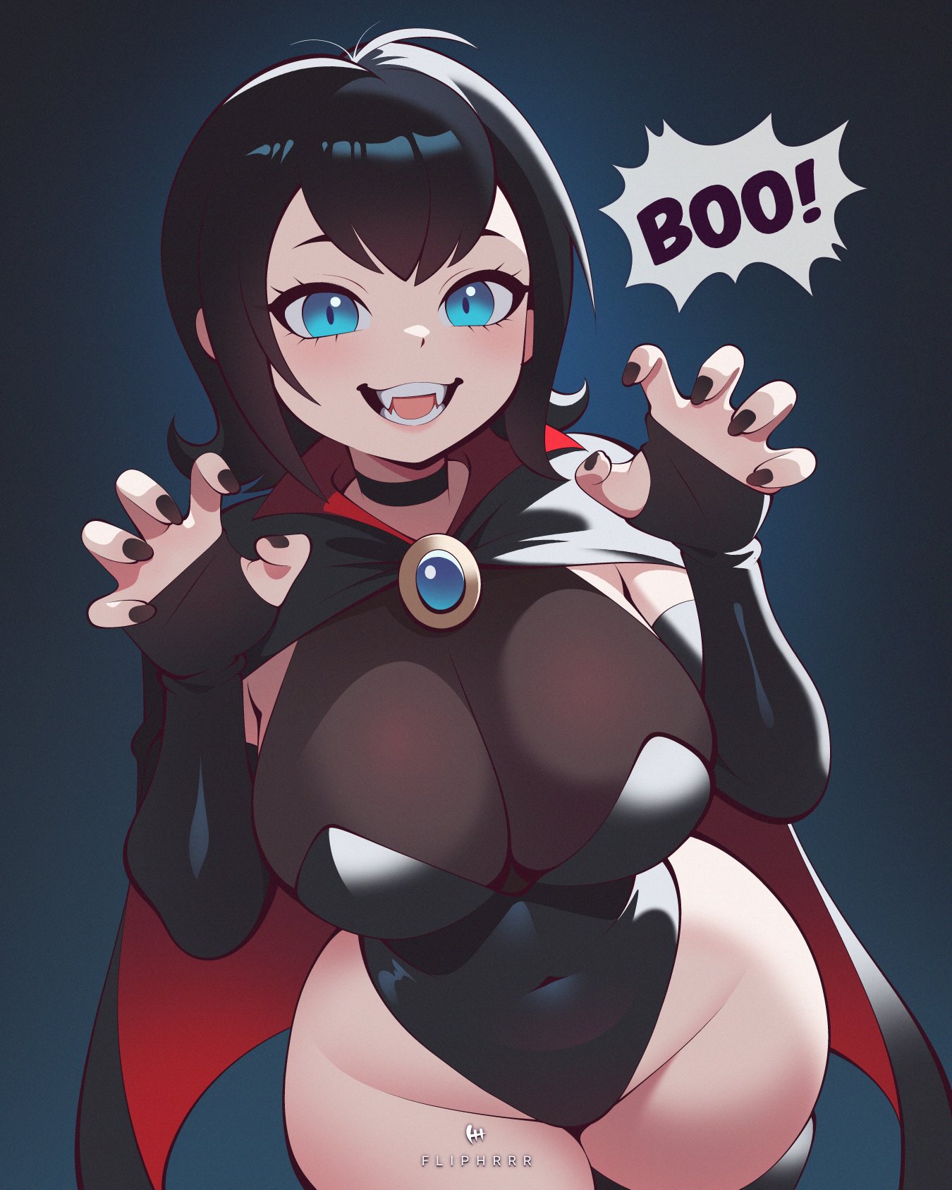 1girls, big breasts, black hair, breasts, cape, choker, curvy, curvy female, curvy figure, dialogue, fangs, female, female only, fingerless gloves, flipherrrr, fliphrrr, hotel transylvania, mavis dracula, slim waist, solo, solo female, thick thighs, thigh highs, thighhighs, vampire, vampire girl, voluptuous, voluptuous female, wide hips