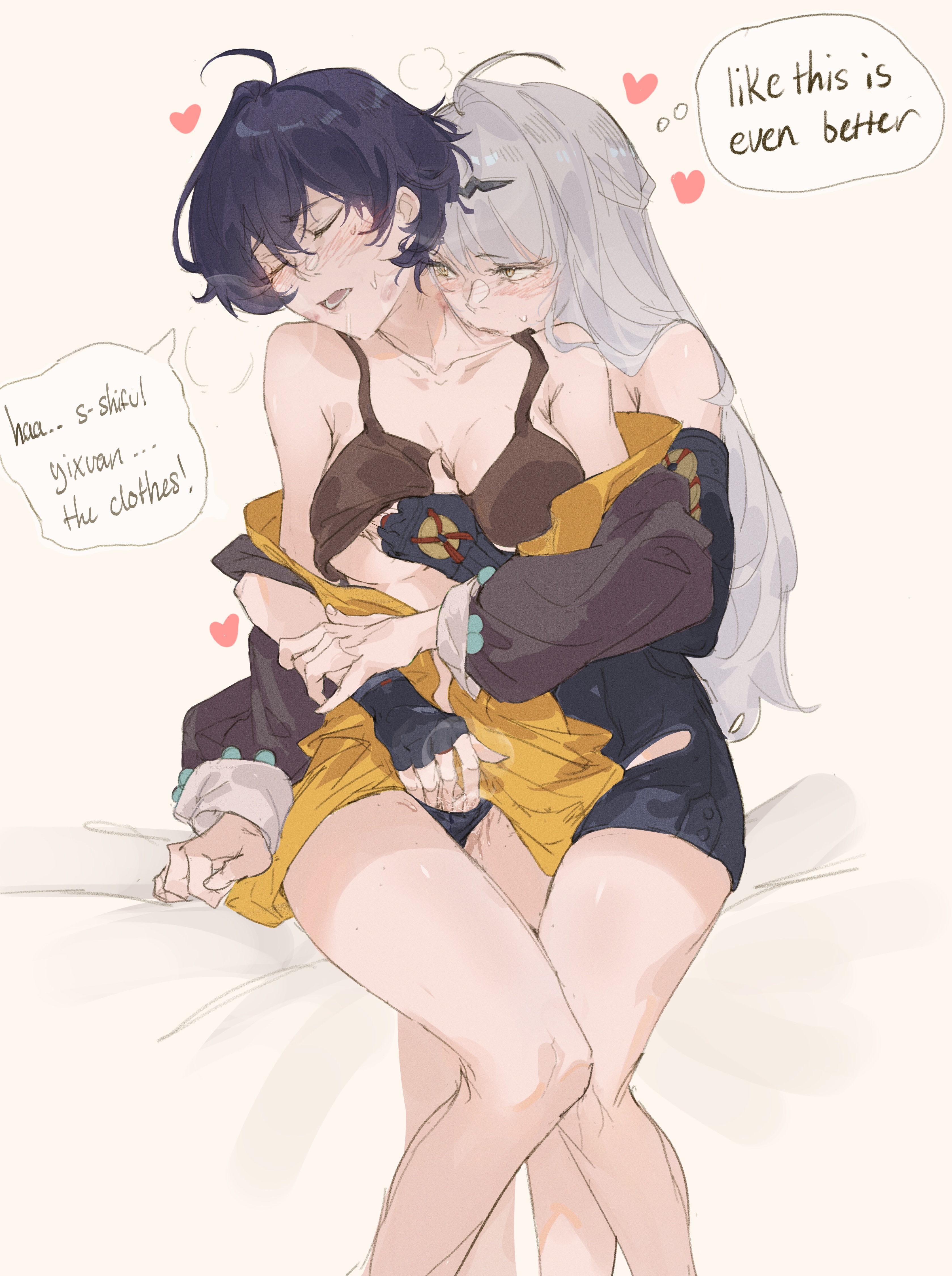 2girls, ahoge, artist request, belle (zenless zone zero), blush, breast grab, breasts, closed eyes, collarbone, english text, female, female focus, female only, fingering, highres, light skin, light-skinned female, medium breasts, open mouth, pleasure face, short hair, text, white hair, yellow eyes, yixuan (zenless zone zero), yuri, zenless zone zero