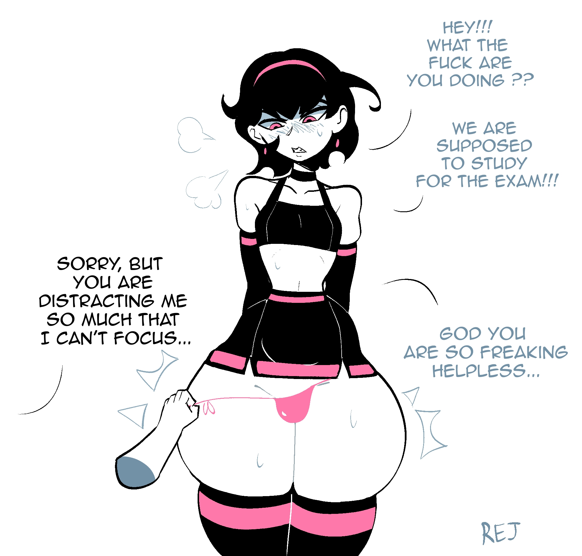 1boy, 2d, 2d (artwork), androgynous, black hair, choker, clothed, clothing, dialog, dialogue, english, english text, femboy, feminine male, girly boy, hair, human, male, male only, moka (rej draws), oc, original character, pink eyes, rej, short hair, sissy, text, thick thighs, thigh highs, thighhighs, thighs, trap, twink