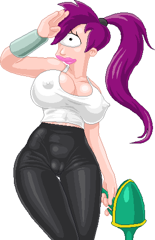 1_eye areola big_breasts breasts cameltoe cleavage clothing cyclops erect_nipples female futurama hot_pants hotpants nipple_bulge perky_breasts pixel_art pose puffy_areola purple_hair pussy red_hair skintight solo solo_female transparent_background turanga_leela warnerc weapon wide_hips