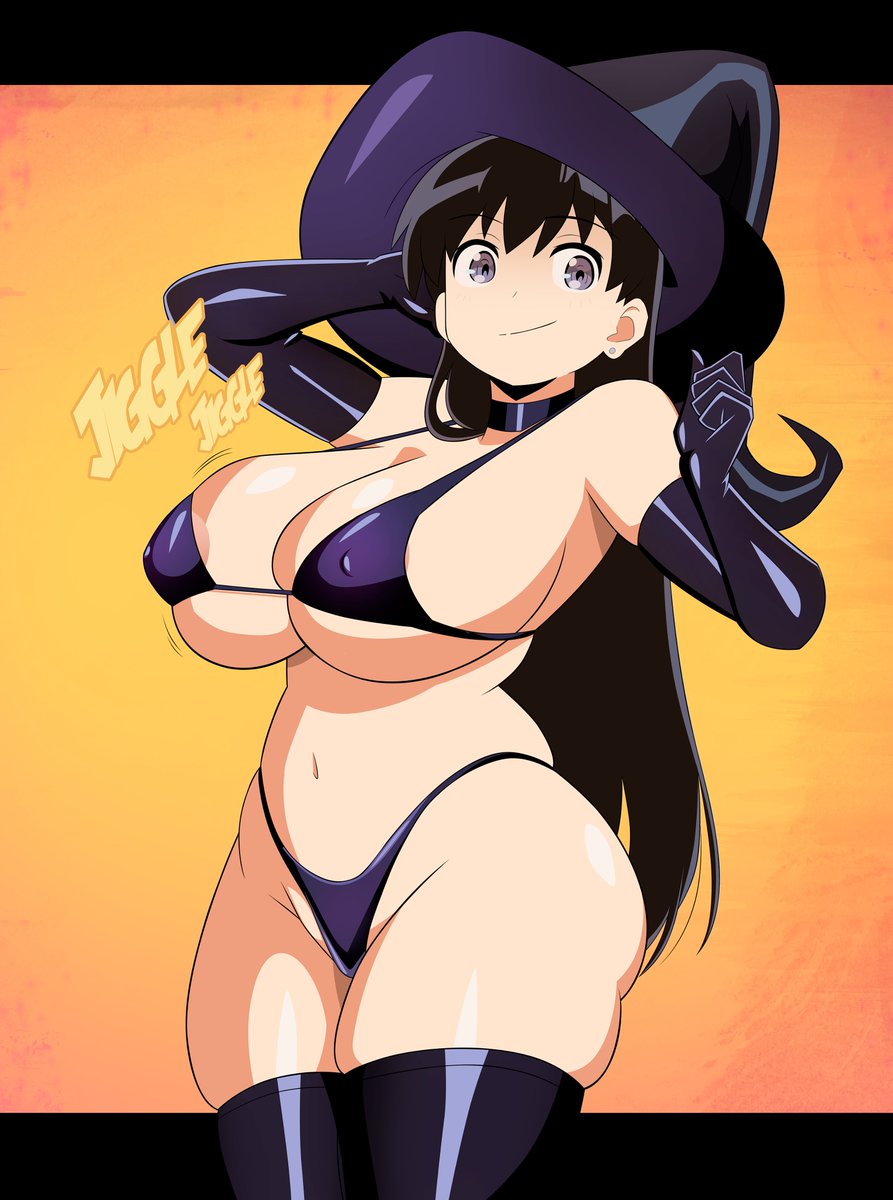 1girls, about to burst, arato nagi, armwear, barely contained, barely contained ass, barely contained breasts, barely fits, bikini, bikini bottom, bikini top, black bikini, black eyes, black gloves, black hair, breasts too big, elbow gloves, english, english text, female, female only, gloves, grimphantom, hair, halloween, halloween costume, hand behind head, hat, headwear, hips, imminent wardrobe malfunction, legwear, long hair, onomatopoeia, ruri no houseki, smile, solo, solo female, straining clothing, swimwear, text, thick thighs, thighhighs, thighs, tight bikini, tight fit, tight swimsuit, tight swimwear, too tight, undersized clothes, undersized clothing, witch, witch hat