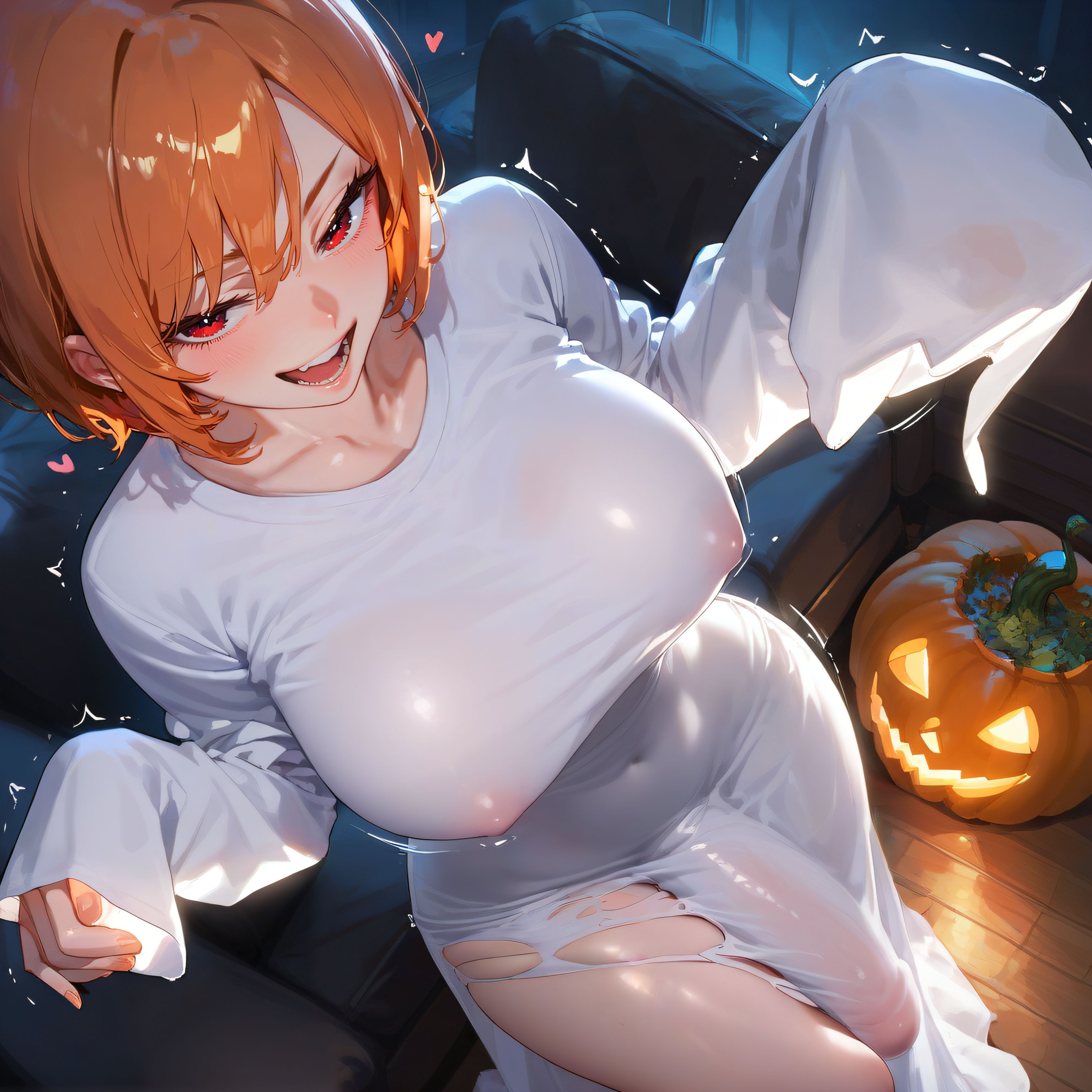 1futa, absurd res, ai generated, amiiari, ass bigger than head, big breasts, big penis, brat, breasts, bulge, bulge through clothing, claw pose, cum, detailed, dickgirl, erection, erection under clothes, from above, futanari, ghost, ghost costume, halloween, halloween costume, highres, huge breasts, intersex, lan (amiiari), large penis, long penis, massive penis, open mouth, orange hair, original character, penis, penis to the knees, penis under clothes, pumpkin, red eyes, shaking, short hair, sitting, skin tight, skindentation, sleeves past fingers, sleeves past wrists, smug, switch, thick thighs, tight clothing, tongue out, voluptuous, white dress, wide hips