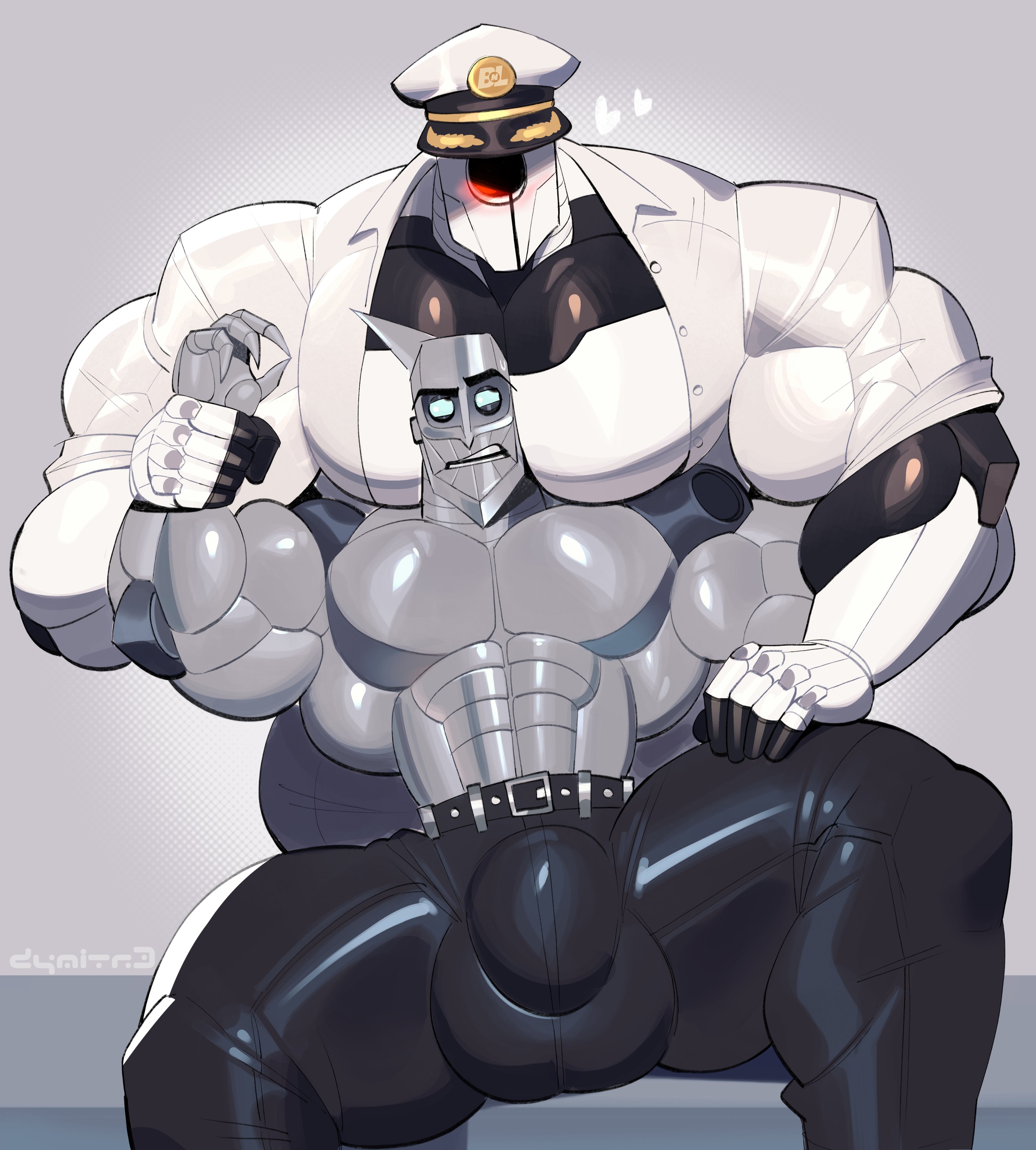 20th century studios, 2boys, auto (wall-e), bara, black belt, black pants, blue eyes, blue sky studios, bluesky, blush, blushing male, bulge, bulge in pants, bulge through clothing, bulge under clothes, crossover, dress shirt, dymitr3, gay, gold accents, gray background, grey background, head between breasts, head between pecs, head in breasts, head in cleavage, head in pecs, heart, hearts around head, holding wrist, male, male only, male/male, metal belt, metal skin, metallic body, muscles, muscular, muscular male, one eye, pants, pilot hat, pixar, ratchet (robots), red eye, robot, robots (film), rolled sleeves, rolled up sleeves, shirt, shirt open, silver skin, sitting on lap, sleeves past wrists, unbuttoned shirt, wall-e, white dress shirt, white hat, white shirt, yaoi