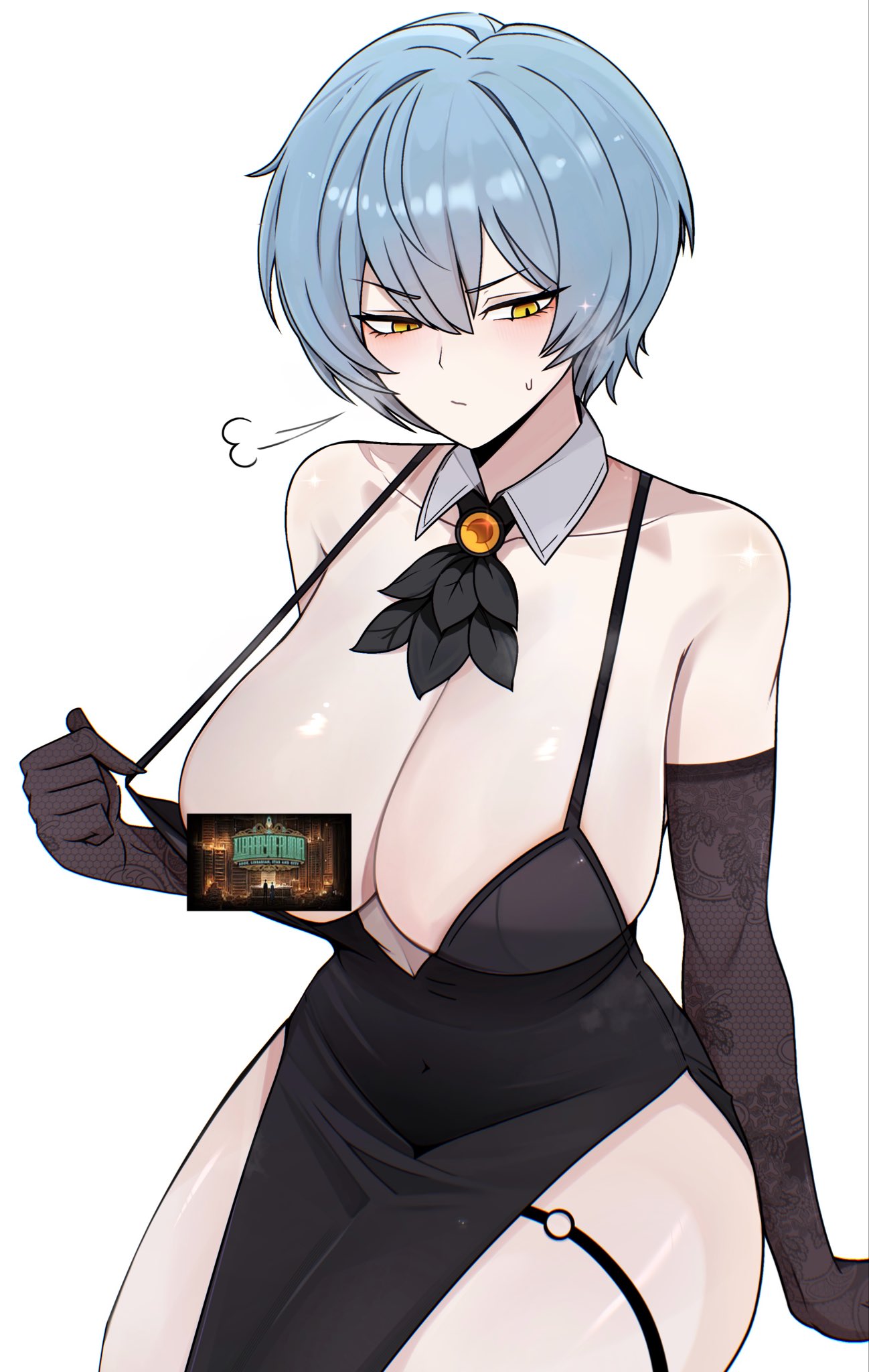 angela (lobotomy corporation), blue hair, blush, breasts, censored, censored nipples, closed mouth, collared dress, dress, dress pull, female, female focus, female only, human, large breasts, library of ruina, lobotomy corporation, looking away, looking down, m ayonessa, open clothing, project moon, sexy, sexy body, short hair, sleeves, thigh strap, thighs, yellow eyes