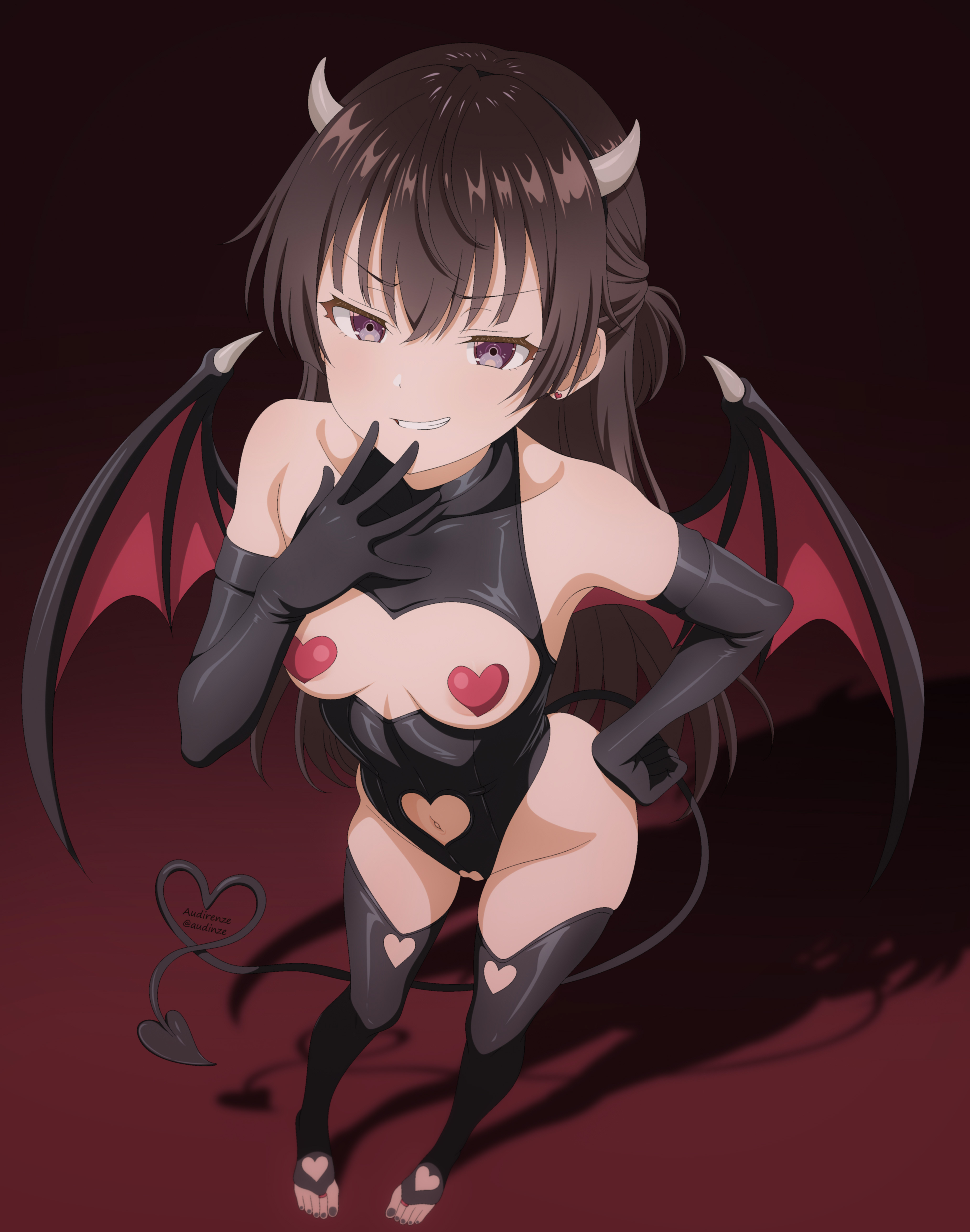 1girls, alternate version available, armwear, audirenze, black gloves, black leotard, black thighhighs, breasts, brown hair, costume, ear piercing, earrings, elbow gloves, fake tail, feet, female, female only, full body, gloves, hair, halloween, halloween costume, hand on hip, heart cutout, heart pasties, hips, horns, legwear, leotard, long hair, pasties, purple eyes, red pasties, small breasts, smile, solo, solo female, succubus, succubus costume, succubus horns, succubus tail, succubus wings, suou yuki, tail, thighhighs, thighs, toeless legwear, toenail polish, tokidoki bosotto russian de dereru tonari no alya-san