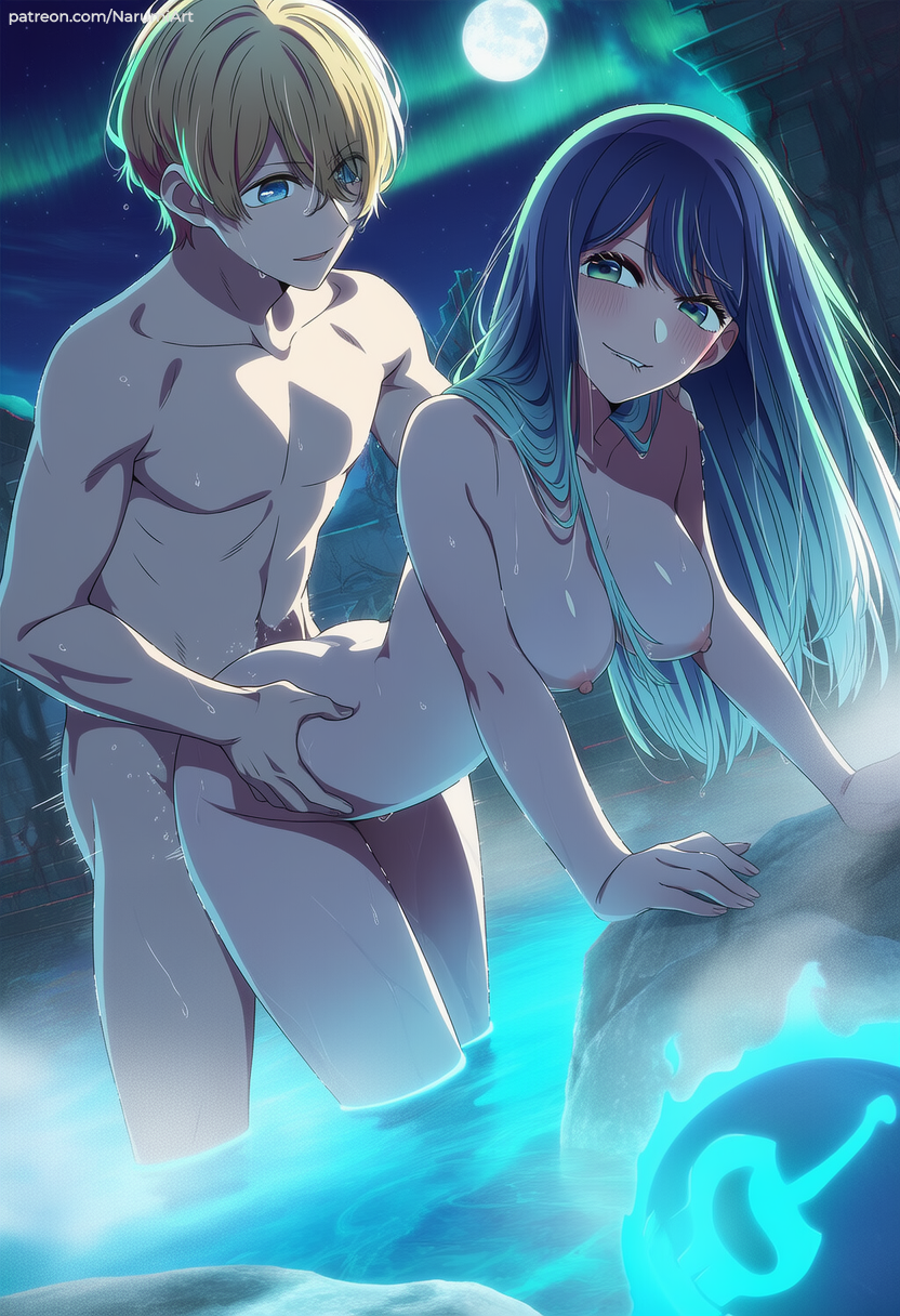 1boy1girl, 1girls, adult, adult female, ai art, ai generated, anime, anime girl, anime style, arched back, ass, bent over, biting lip, blue eyes, blue hair, blush, blushing female, breasts, completely nude, completely nude female, doggy, doggy style, excited, female, female focus, halloween, horny, horny female, hoshino aquamarine, kurokawa akane, long hair, looking at another, looking at viewer, male, medium breasts, naked, naked female, naked male, nipples, nude, nude female, nude male, on fours, onsen, oshi no ko, patreon, pumpkin, round ass, round butt, seductive, seductive eyes, seductive look, sex, sexy, sexy body, sexy pose, shoulders, steam, steaming body, steamy breath, wet, wet body, wet skin