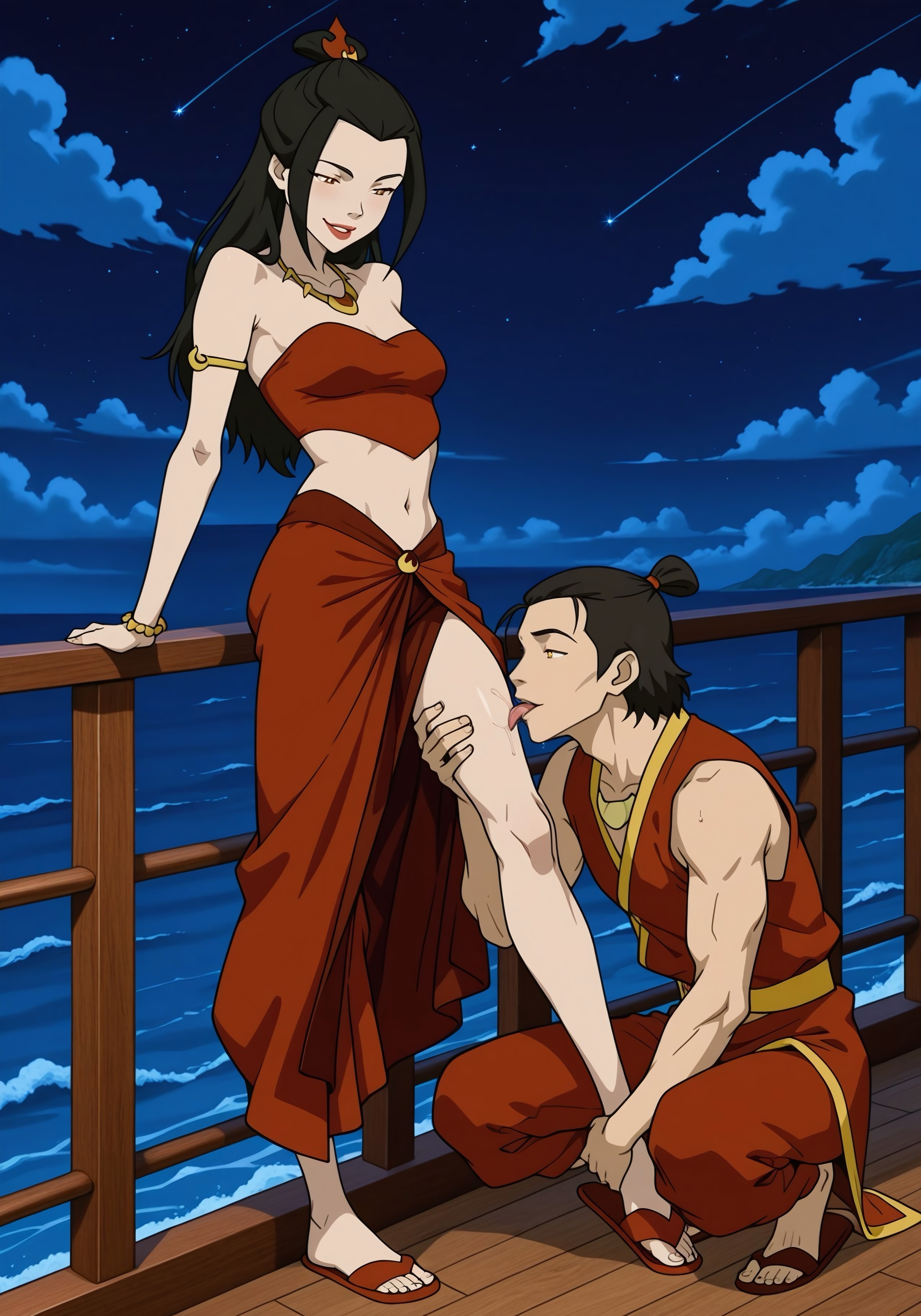 ai generated, avatar the last airbender, azula, black hair, breasts, female, femdom, leg grab, legs, nickelodeon, night, pale skin, petite, royalty, small breasts