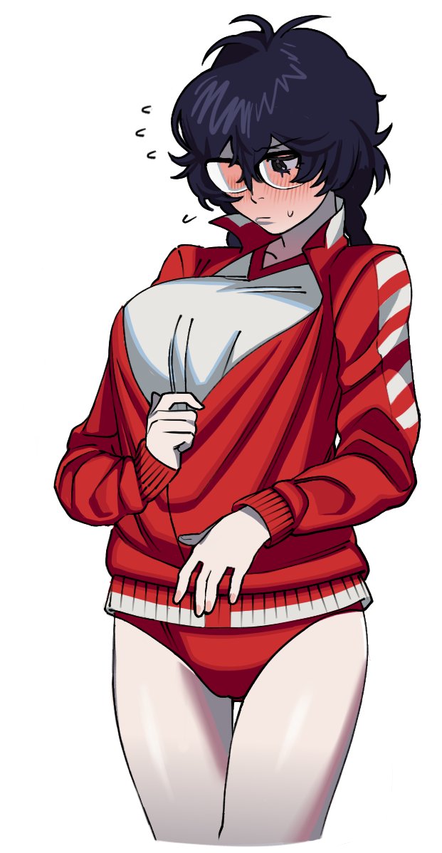 1girls, 2024, 2d, akira kurusu, atlus, bare thighs, big breasts, black hair, blush, breasts, clothed, clothes, clothing, color, colored, digital media (artwork), doodle, female, female focus, female only, genderswap (mtf), glasses, human, joker (persona), large breasts, light skin, light-skinned female, mostly clothed, nervous, pale skin, panties, persona, persona 5, persona 5 royal, red panties, ren amamiya, rule 63, sega, shy, solo, solo female, solo focus, sportswear, standing, strawbuuum, thigh up, thighs, track suit, twintails, unzipped, unzipped jacket, voluptuous, voluptuous female, wearing glasses, white background, white shirt, workout clothes