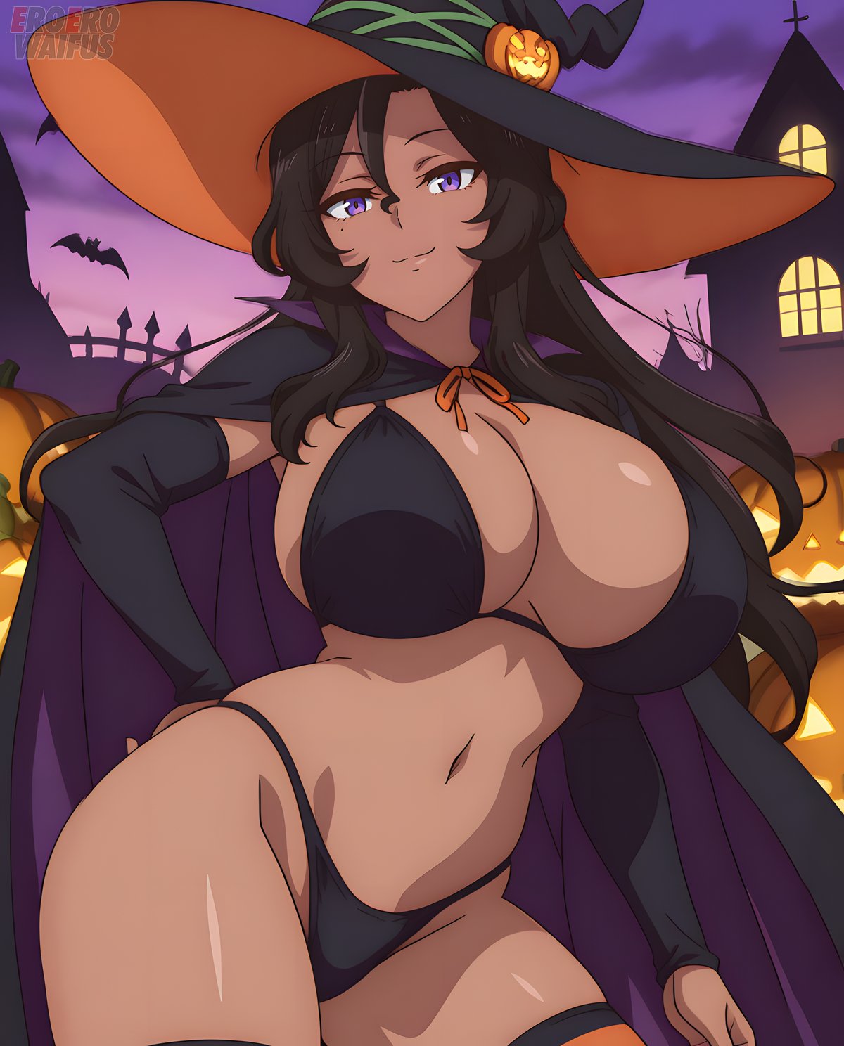 ai generated, bare thighs, bikini, black hair, breasts, dark skin, dark-skinned female, dekoboko majo no oyako jijou, eroero waifus, female, gigantic breasts, halloween, huge breasts, huge thighs, long hair, looking at viewer, massive breasts, purple eyes, smiling, solo female, squatting, stockings, sweat, sweatdrop, thick body, thick female, thick thighs, thighs, viola (dekoboko majo no oyako jijou), voluptuous, voluptuous female, witch hat