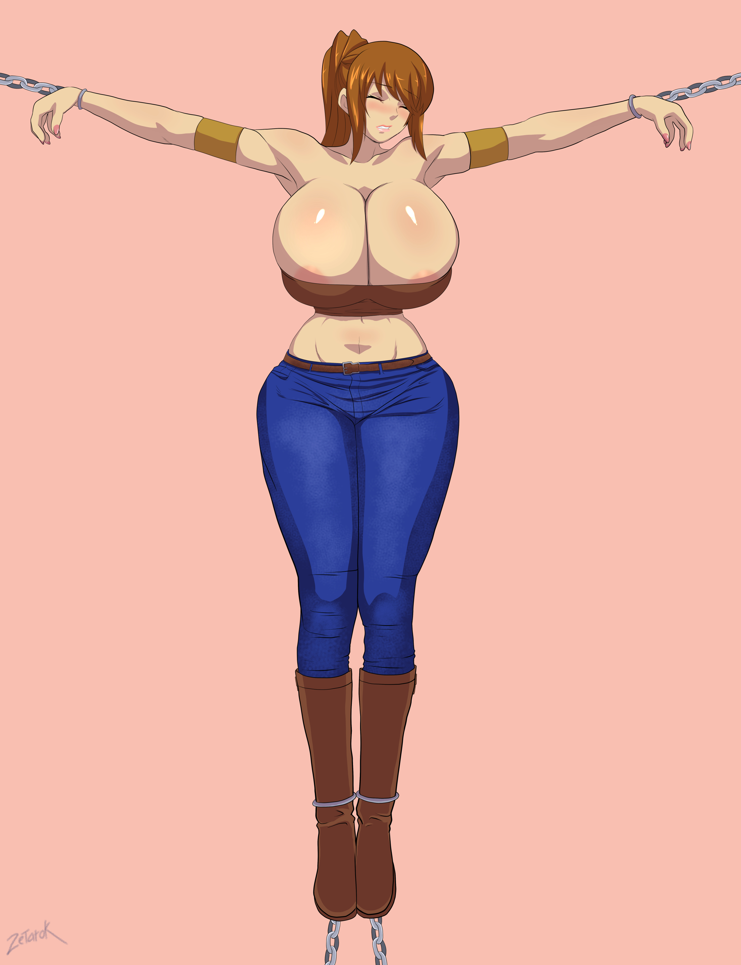 areola slip, areolae, armlet, bare midriff, belt, big areola, big breasts, blush, bondage, boots, bound, bound ankles, bound wrists, breast suppress, breasts, brenda bierhoff, brown hair, bursting breasts, chain, chained, chains, clavicle, cleavage, closed eyes, collar bone, crucified, curvy, deltoids, endured face, female, fit, full body, full cleavage, gigantic breasts, helpless, hourglass figure, huge breasts, immobile, jeans, leather boots, midriff, pink areola, pink background, pink nails, ponytail, restrained, shackles, shiny breasts, shiny skin, signature, simple background, skindentation, solo, solo female, t-pose, toned, wardrobe malfunction, wide hips, zetarok