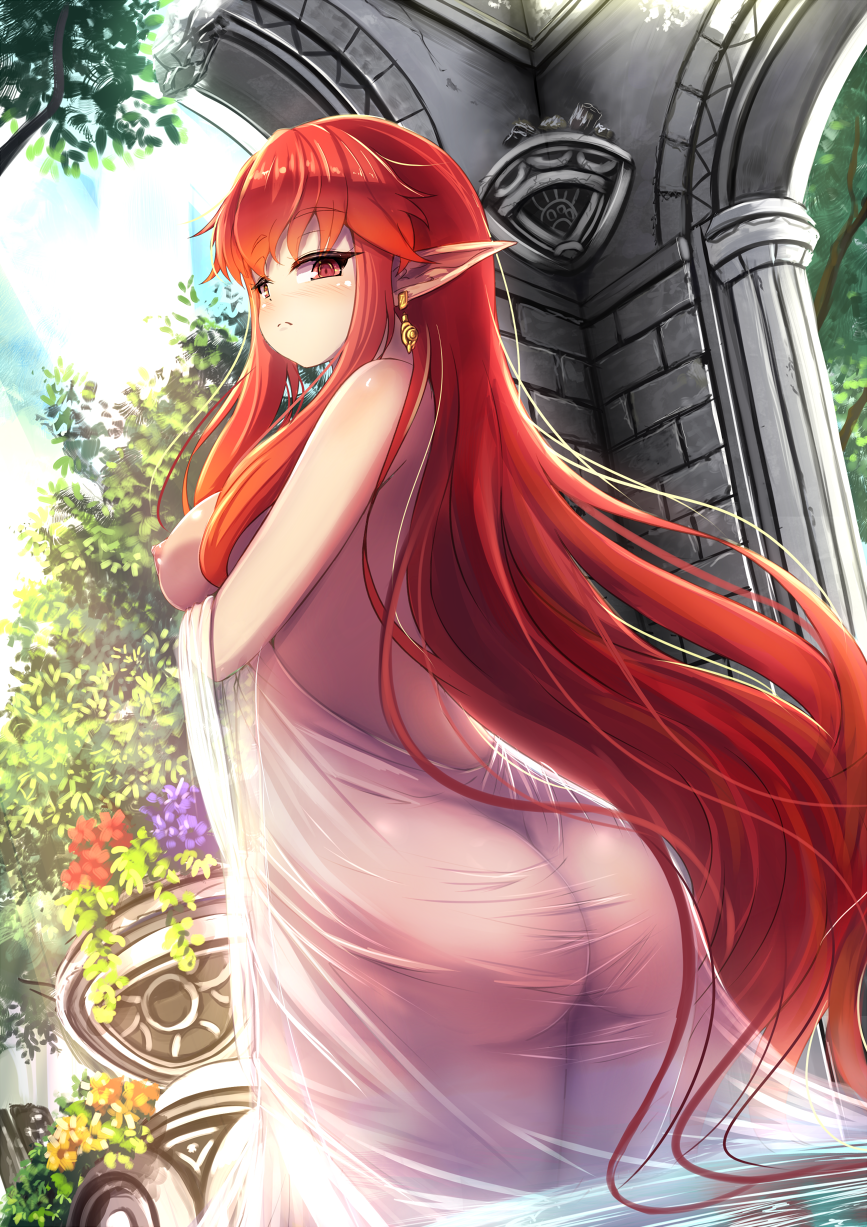 ass bangs blush breasts day ear_piercing eyebrows_visible_through_hair female flower highres ichina_(osabakitina) large_breasts long_hair looking_at_viewer looking_back nipples nude original outdoors piercing pointy_ears red_eyes red_hair see-through sideboob solo very_long_hair wading water