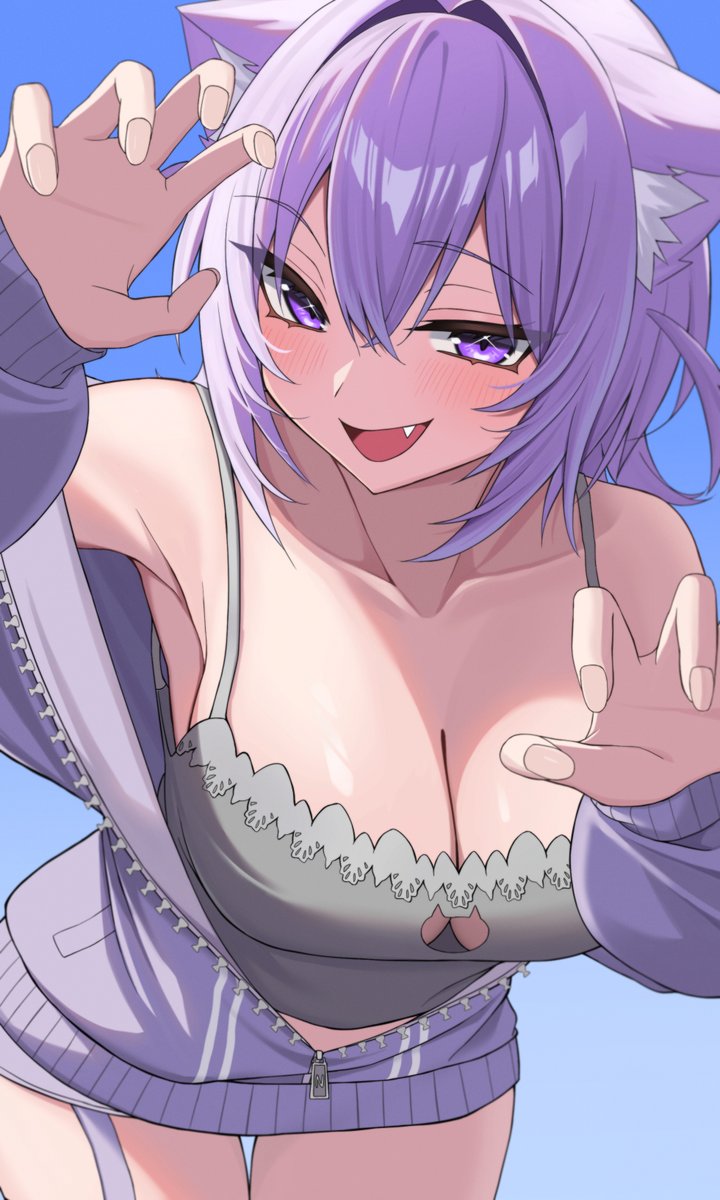 1girls, 2025, bare shoulders, bent over, big breasts, blue background, breasts, camisole, cat cutout, cat ears, catgirl, cleavage, cleavage cutout, clothed, clothing, cute fang, downblouse, female, female only, hi res, hololive, hololive gamers, hololive japan, large breasts, light skin, light-skinned female, looking at viewer, nekomata okayu, open clothes, open mouth, open sweater, purple eyes, purple hair, simple background, smile, solo, tenpa illust, thick thighs, thighs, virtual youtuber, vtuber