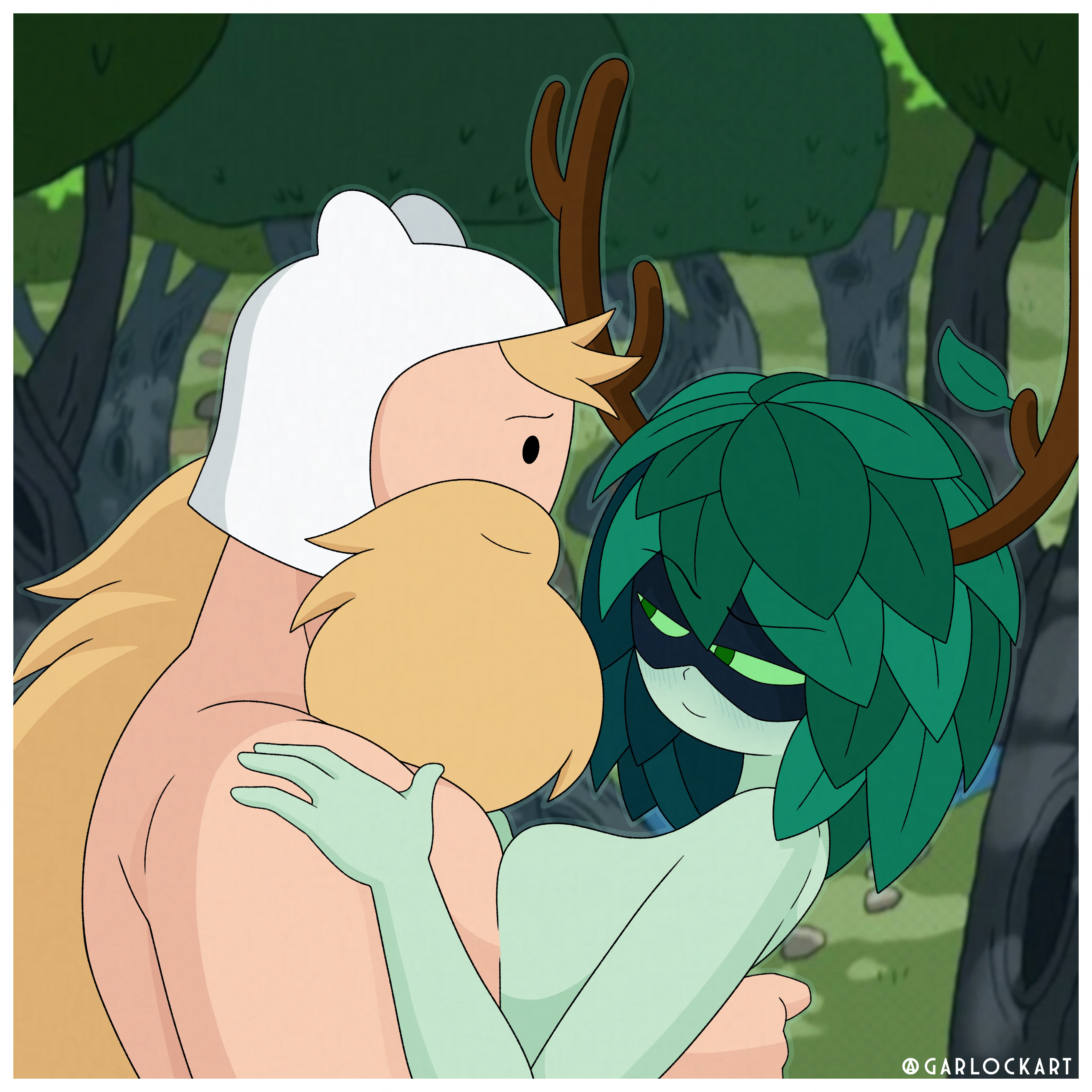 1boy, 1girls, adventure time, aged up, beard, blonde hair, breasts, cartoon network, couple, female, finn the human, fionna and cake, garlock, green eyes, green skin, huntress wizard, imminent kiss, imminent sex, leaf hair, long hair, loving couple, loving gaze, male, muscular, muscular male, nude, smile, wholesome