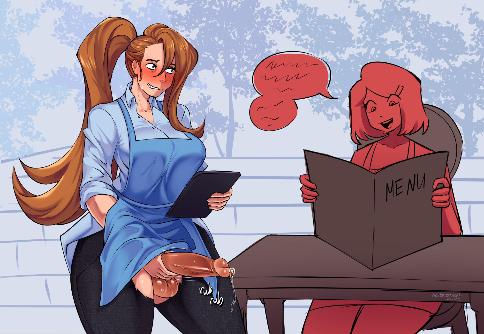 1futa, 1girls, apron, balls, big breasts, blush, breasts, brown hair, clipboard, clothing, diner, diner dash, ecstasemen, erection, exhibitionism, female, female/futa, flo (diner dash), futanari, gamehouse, holding clipboard, human, large penis, long hair, manual, masturbation, original, original character, outdoors, outside, pale skin, penis, ponytail, precum, priscilla houjou, public, public masturbation, stealth masturbation, sweat, trans woman, transgender, unaware, waitress (artist)
