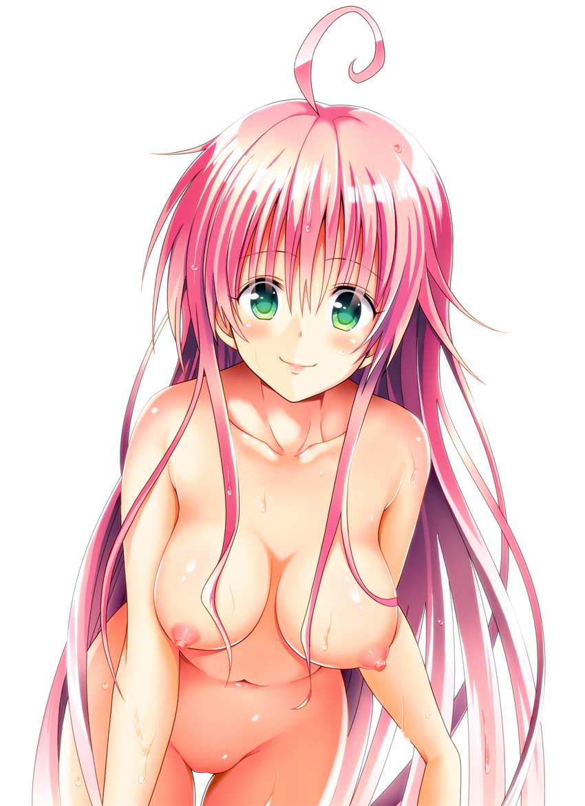 ahoge backlighting breasts female ffcreatyuuki green_eyes lala_satalin_deviluke large_breasts long_hair looking_at_viewer nipples nude pink_hair revision simple_background smile solo to_love-ru very_long_hair white_background