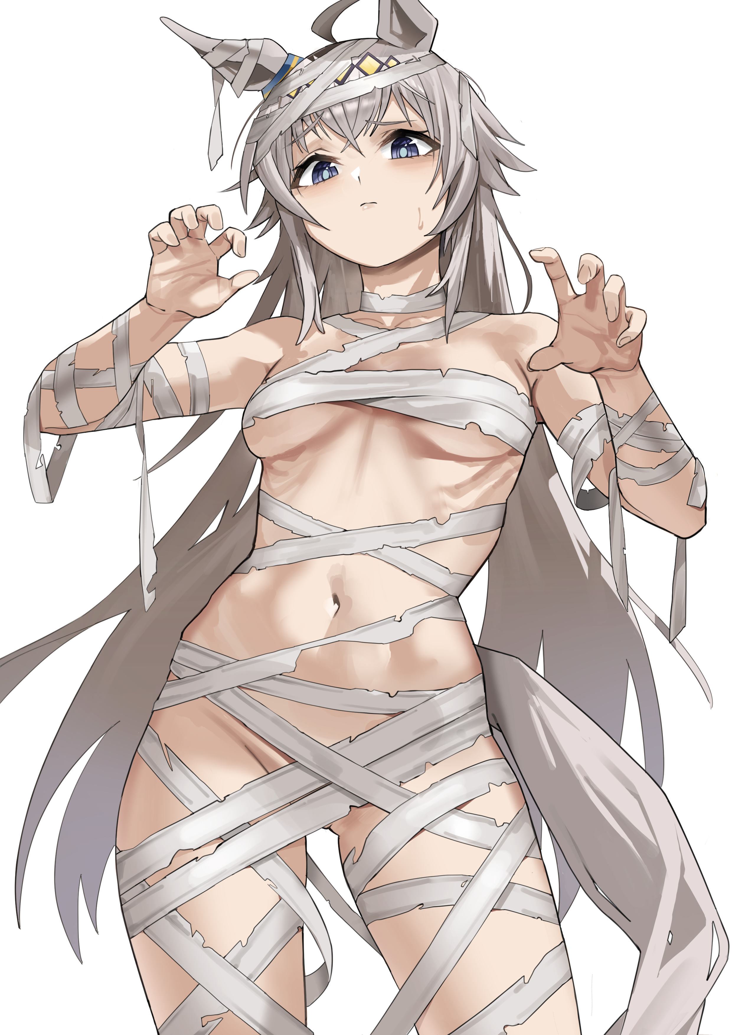 1girls, ahoge, blue eyes, clothed, costume, female, grey hair, hairband, horse ears, horse girl, horse tail, long hair, mummy, mutsuru (omotta yori), oguri cap (umamusume), solo, solo female, sweatdrop, tail, umamusume