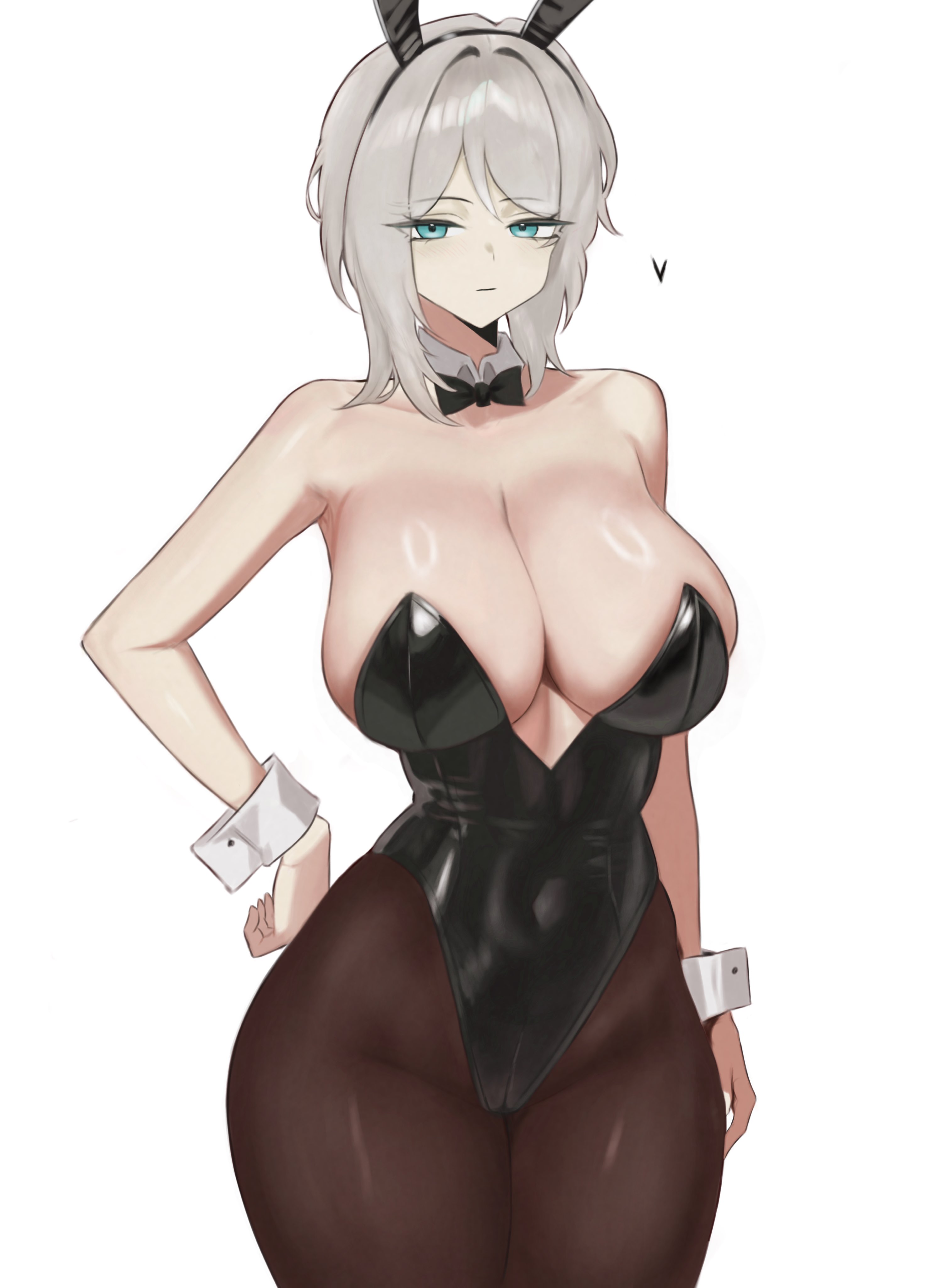 1girls, blue eyes, blush, breasts, bunny ears, bunny ears headband, bunnysuit, busty, cleavage, curvy, curvy figure, eyebrows visible through hair, fake animal ears, faust (limbus company), female, female only, heart, huge breasts, jacket, leotard, light skin, light-skinned female, limbus company, looking at viewer, navel visible through clothes, off shoulder, pantyhose, pmlbtmlorlc, project moon, solo, thick thighs, white hair